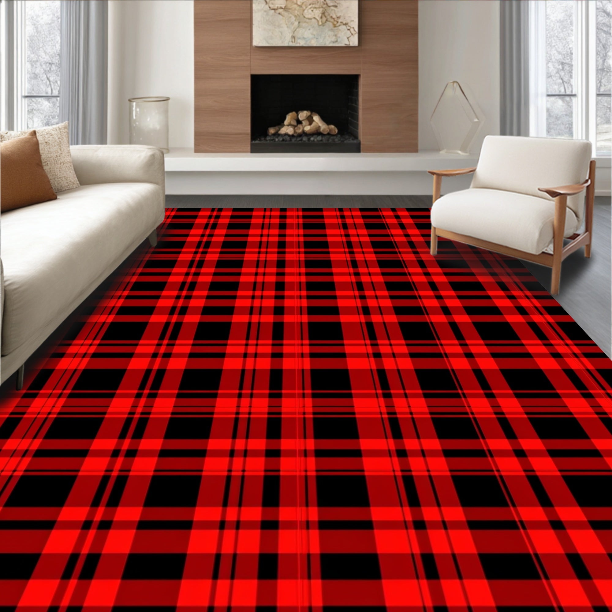 Classic Red Black Tartan Plaid Rug
