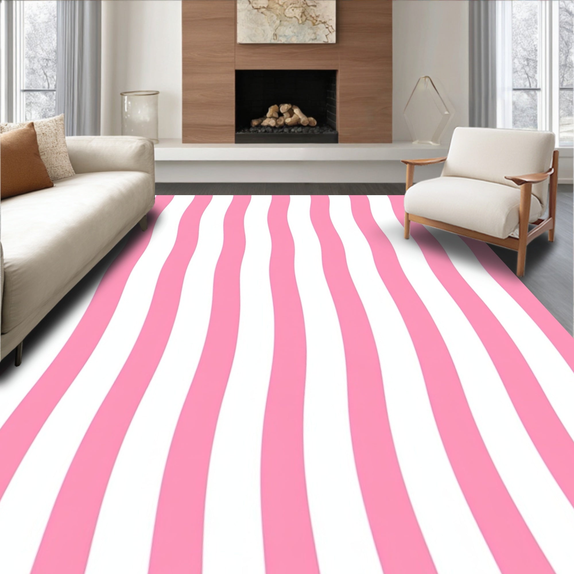 Pink and White Wavy Stripe Design Rug