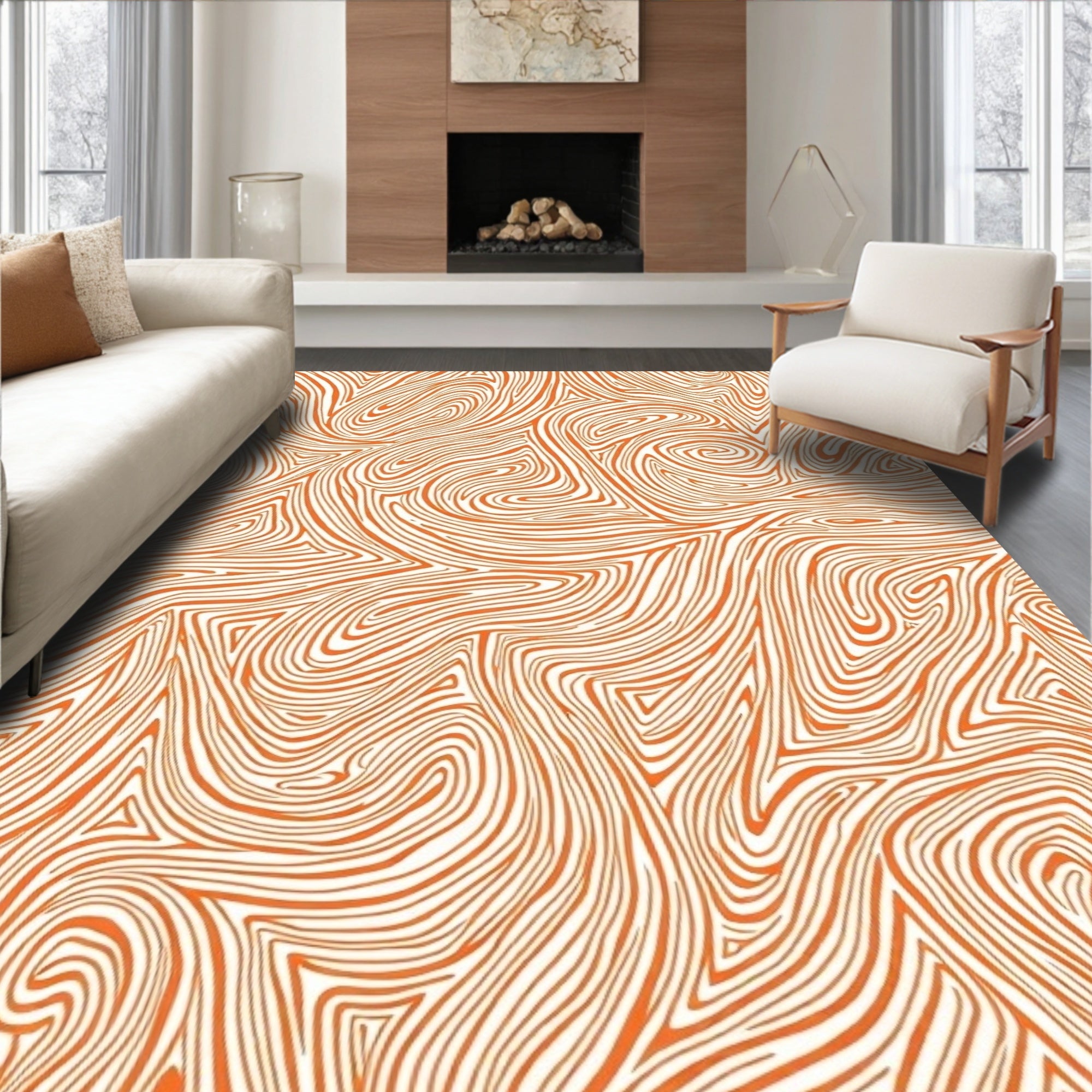 Orange Swirl Line Abstract Art Rug
