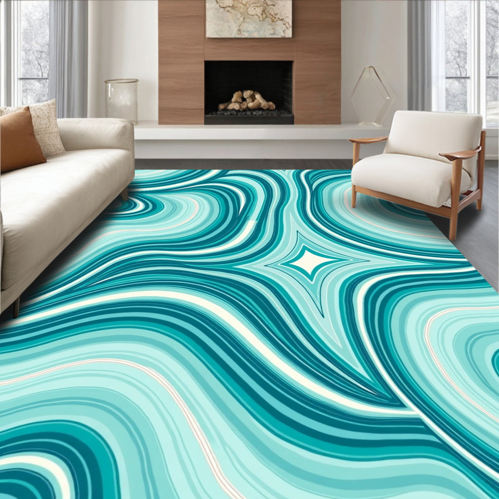 Cool Aqua Wavy Lines Pattern Rug