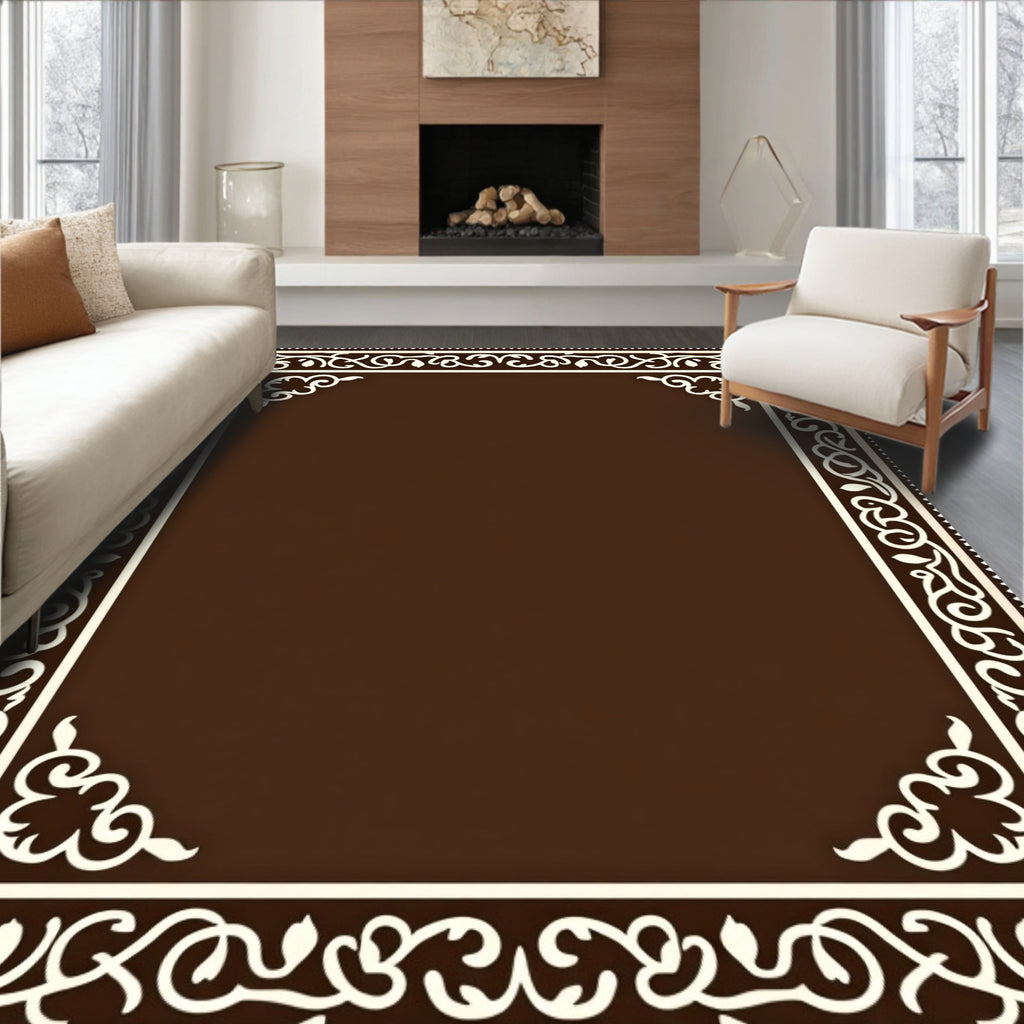 Classic Brown Ivory Scroll Border Rug