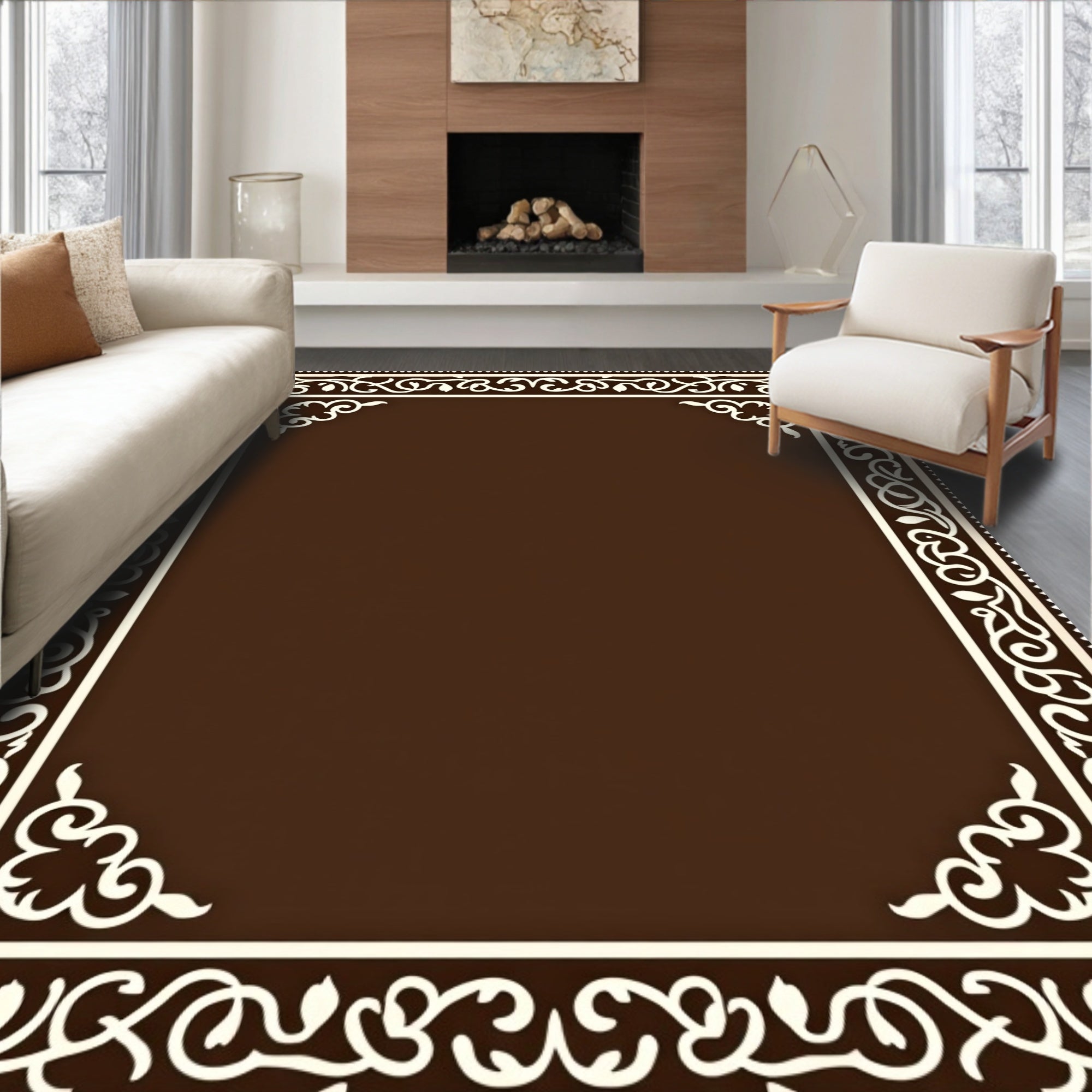 Classic Brown Ivory Scroll Border Rug