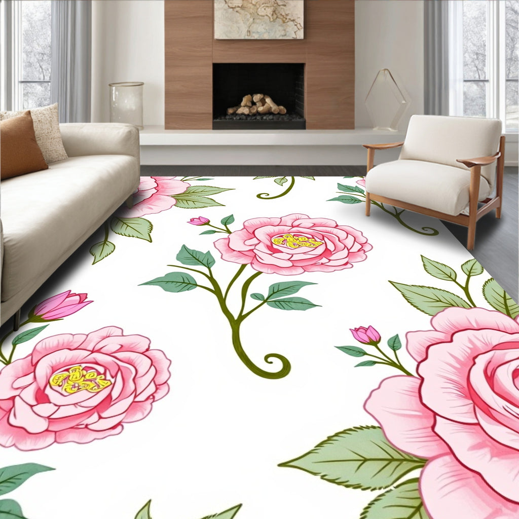 Pink Rose Botanical Pattern Rug