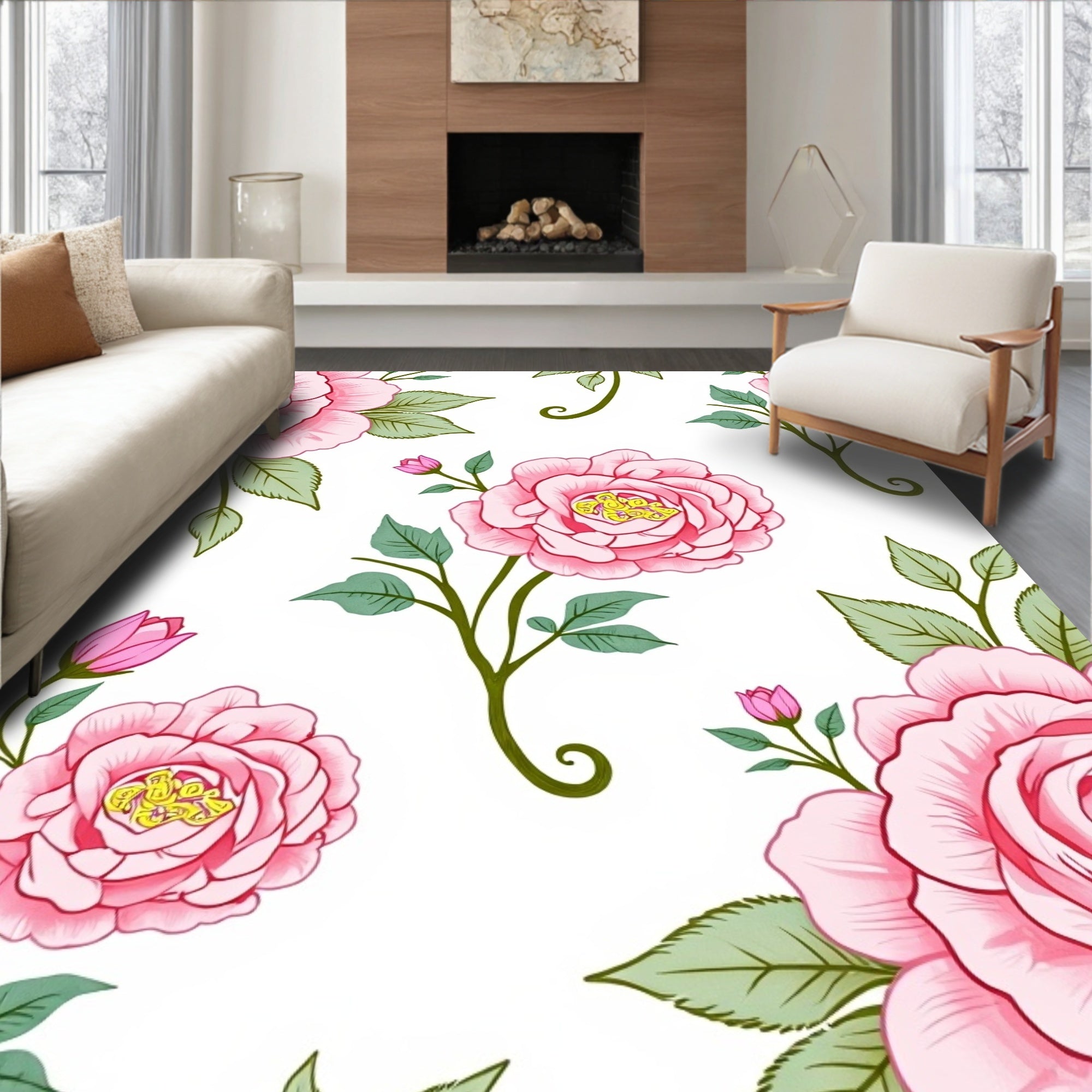 Pink Rose Botanical Pattern Rug