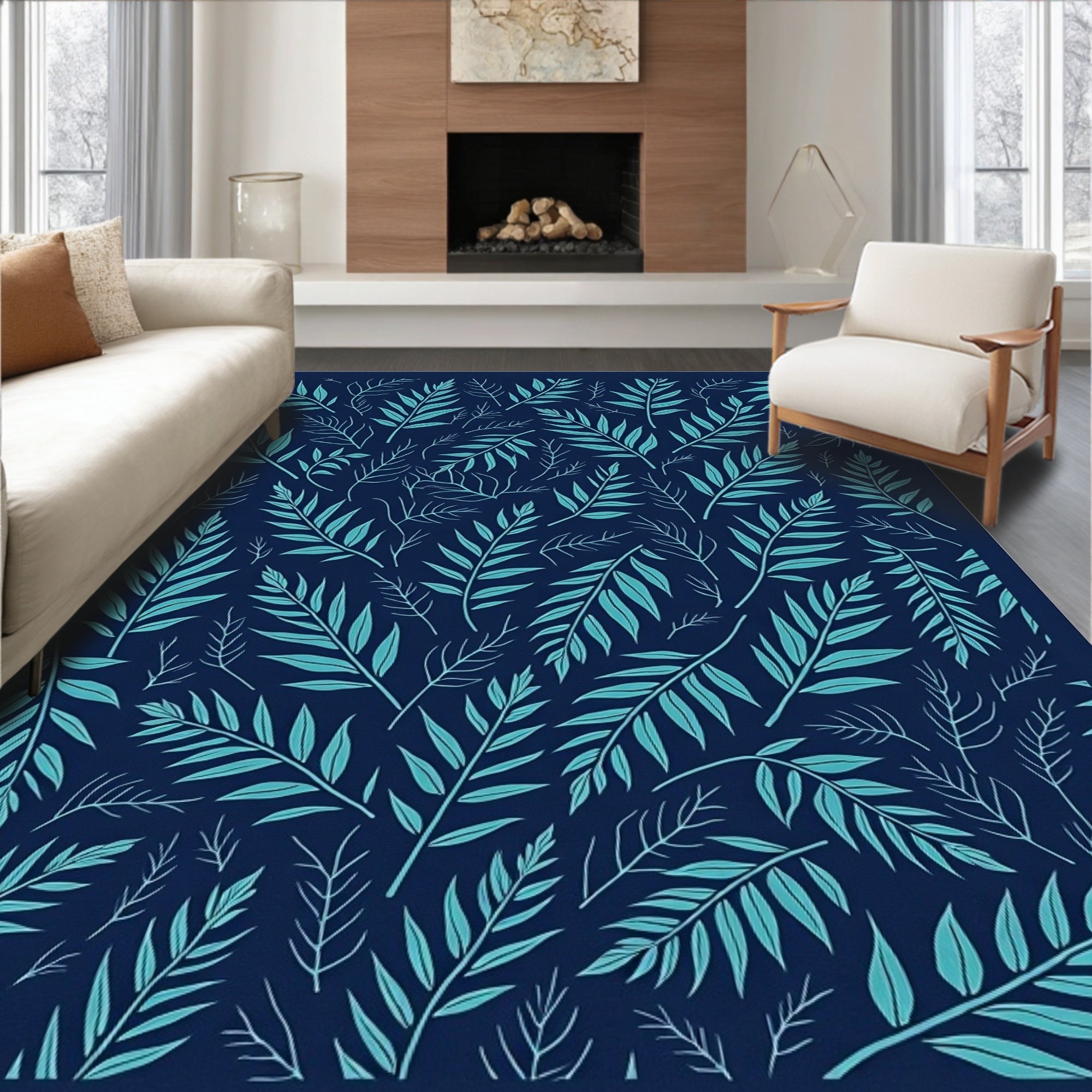 Tropical Leaf Pattern on Navy Background Rug