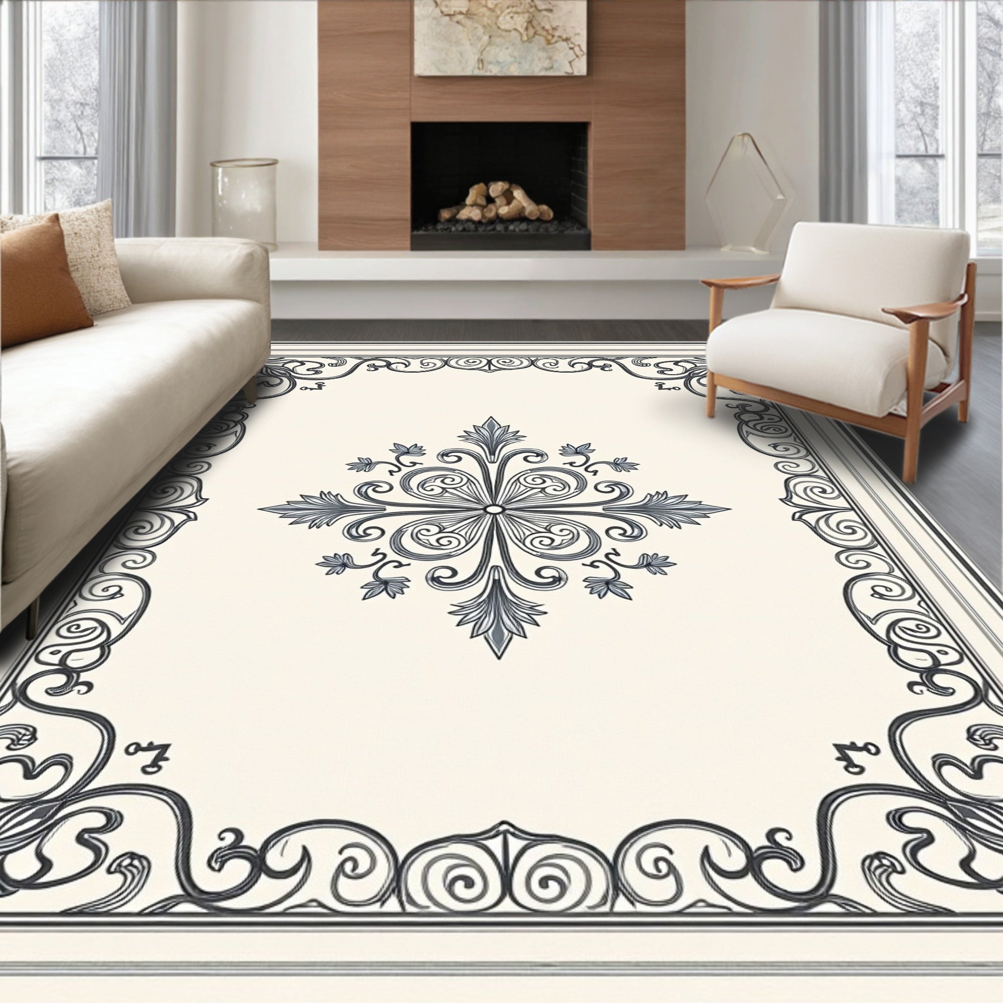 Ornate Scroll Leaf Pattern Design Rug