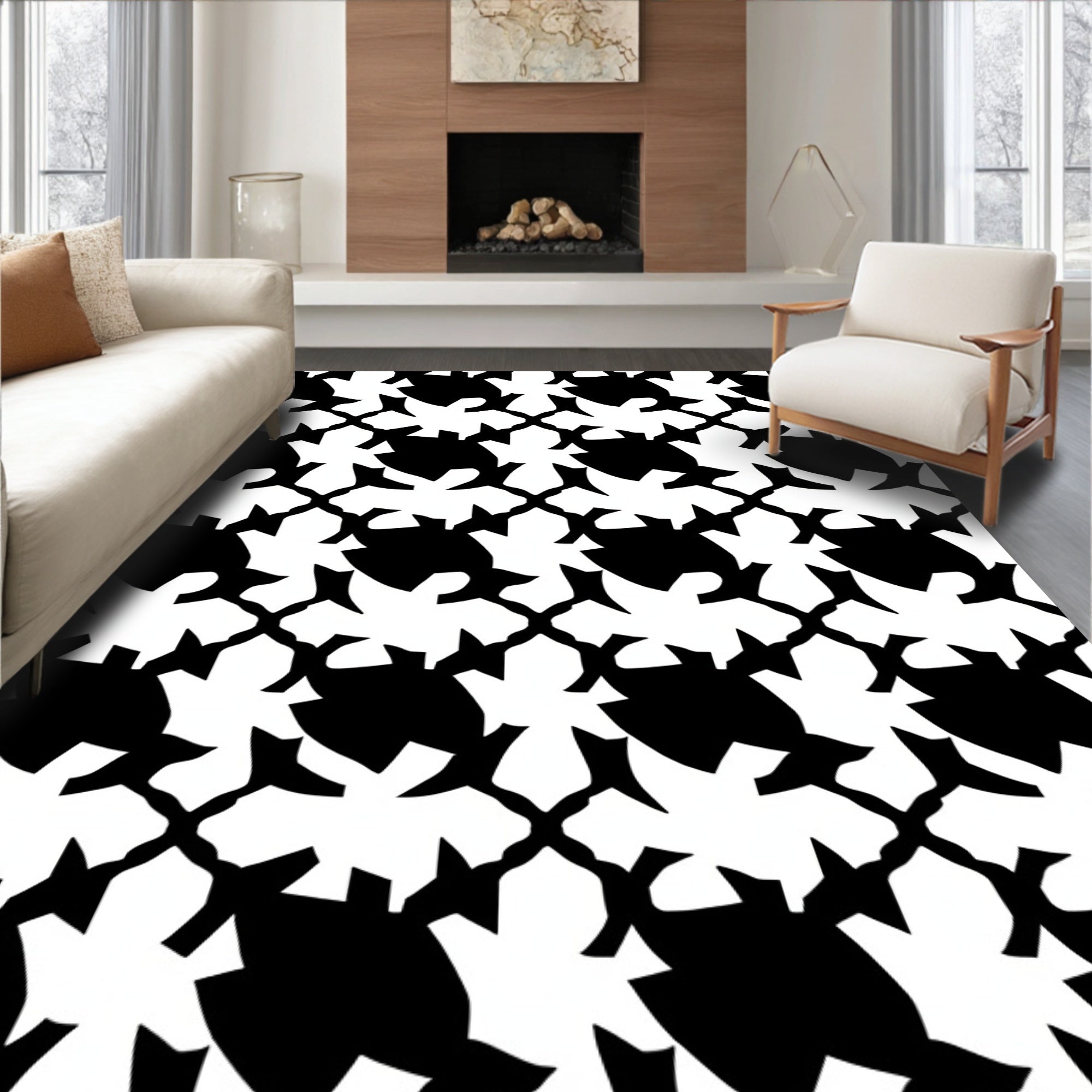 Bold Black Interlocking Geometric Pattern Rug