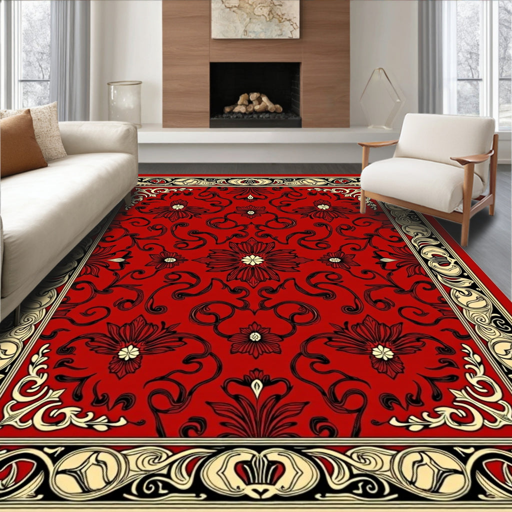 Classic Red Floral Border Design Rug