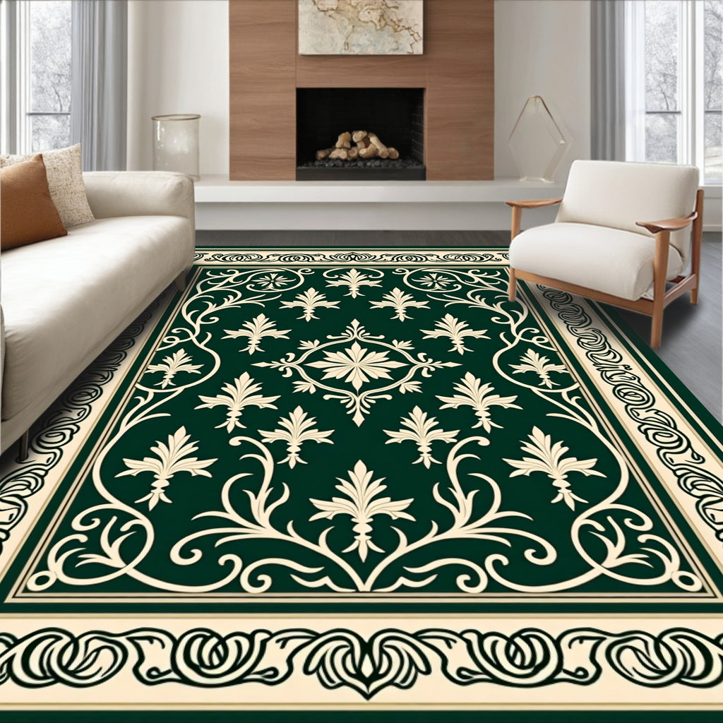 Elegant Ivory Leaf Scrollwork Design Rug