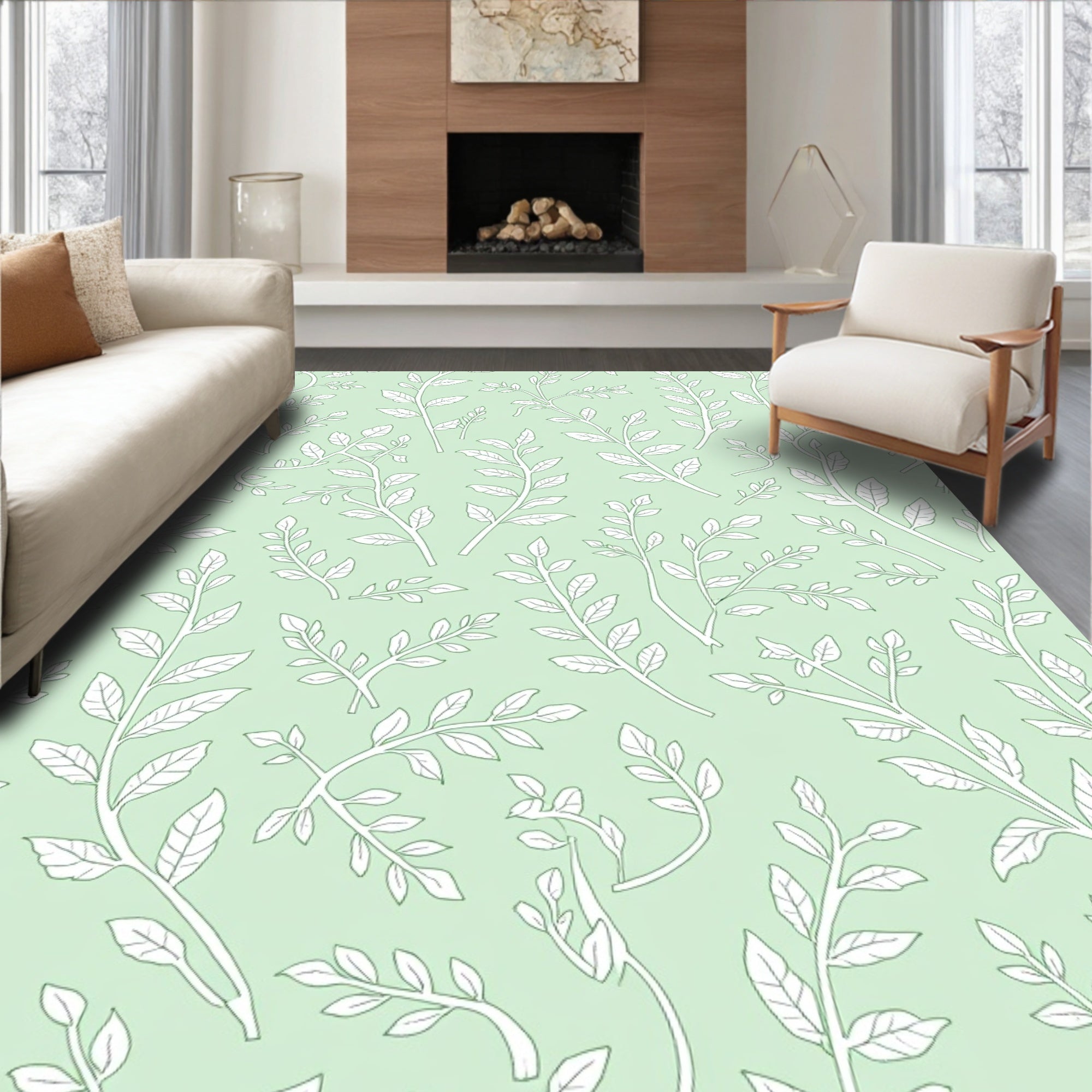 Delicate Leaf Branches All Over Design Rug