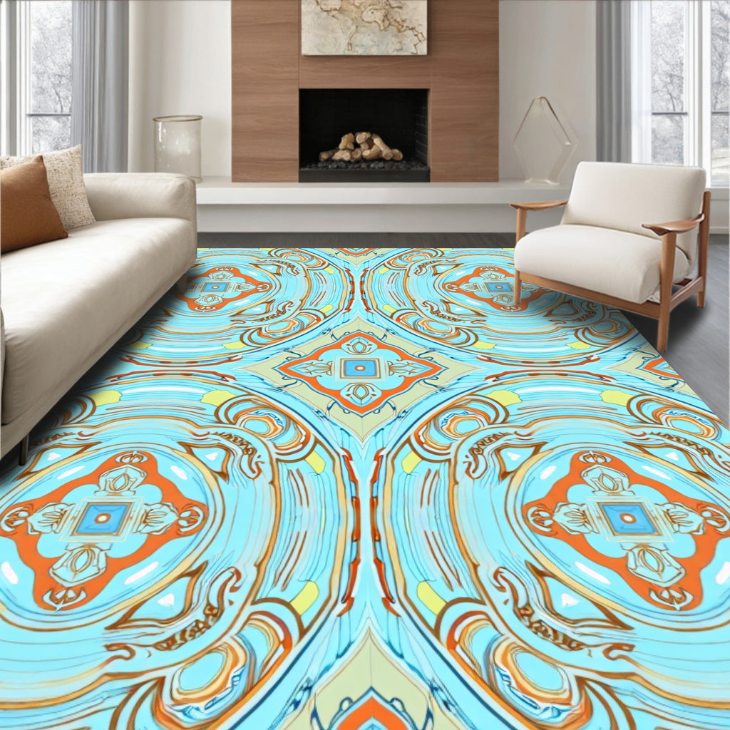 Light Blue Orange Medallion Pattern Rug