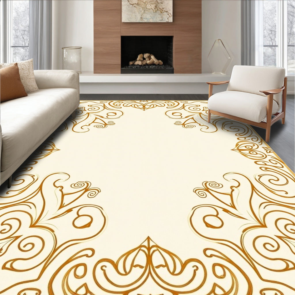 Ornate Golden Swirls Floral Border Rug
