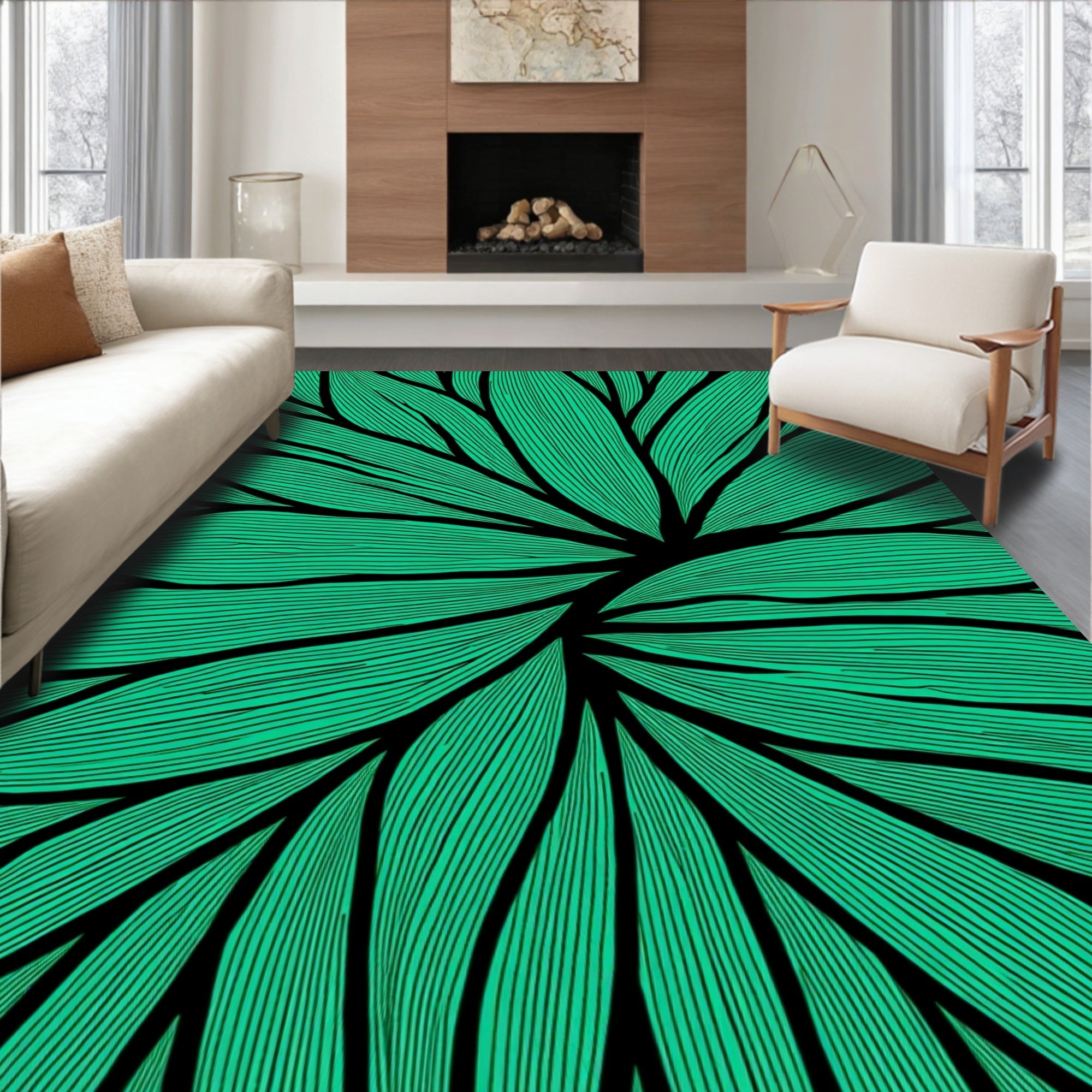 Emerald Green Abstract Leaf Pattern Rug