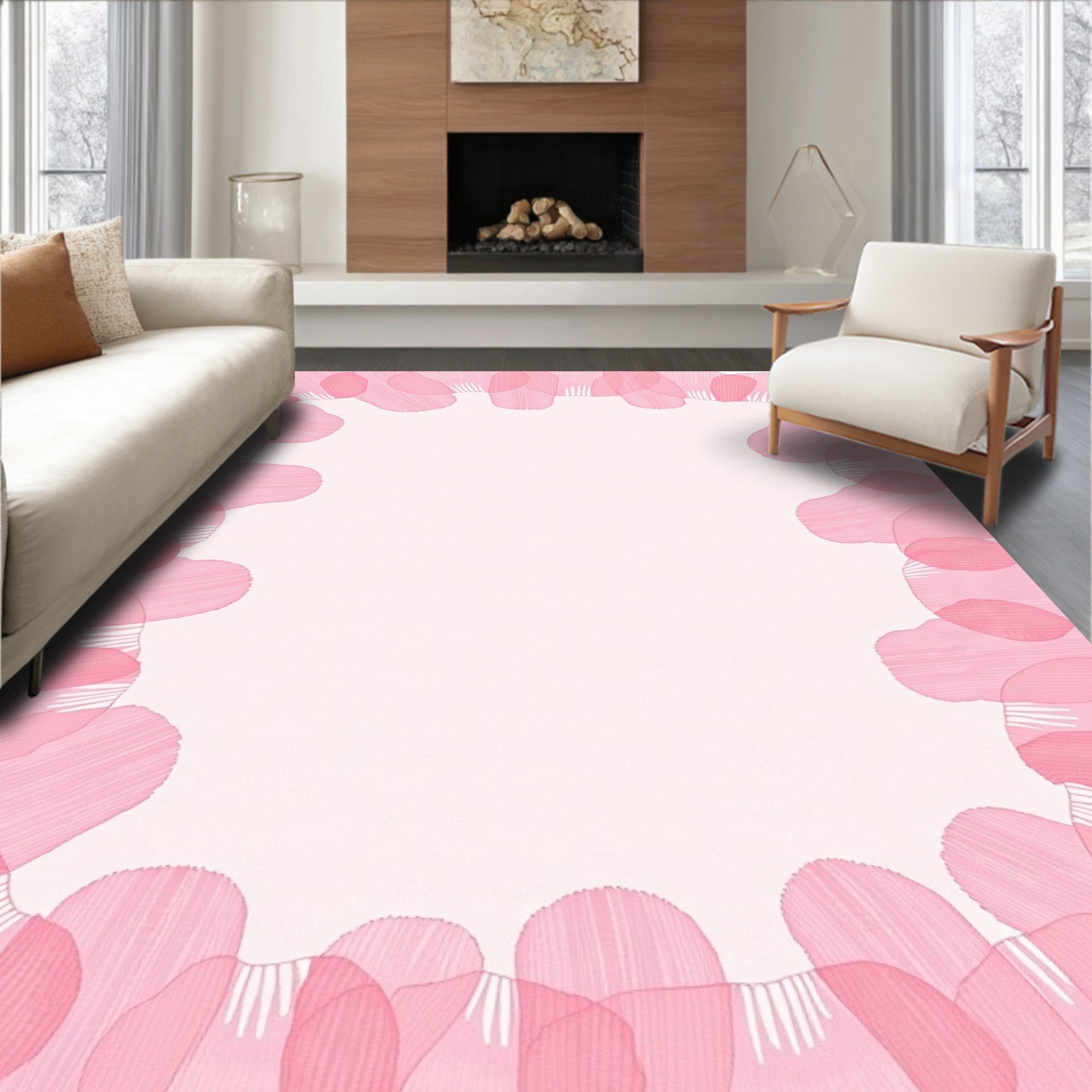 Soft Pink Petal Border Design Rug