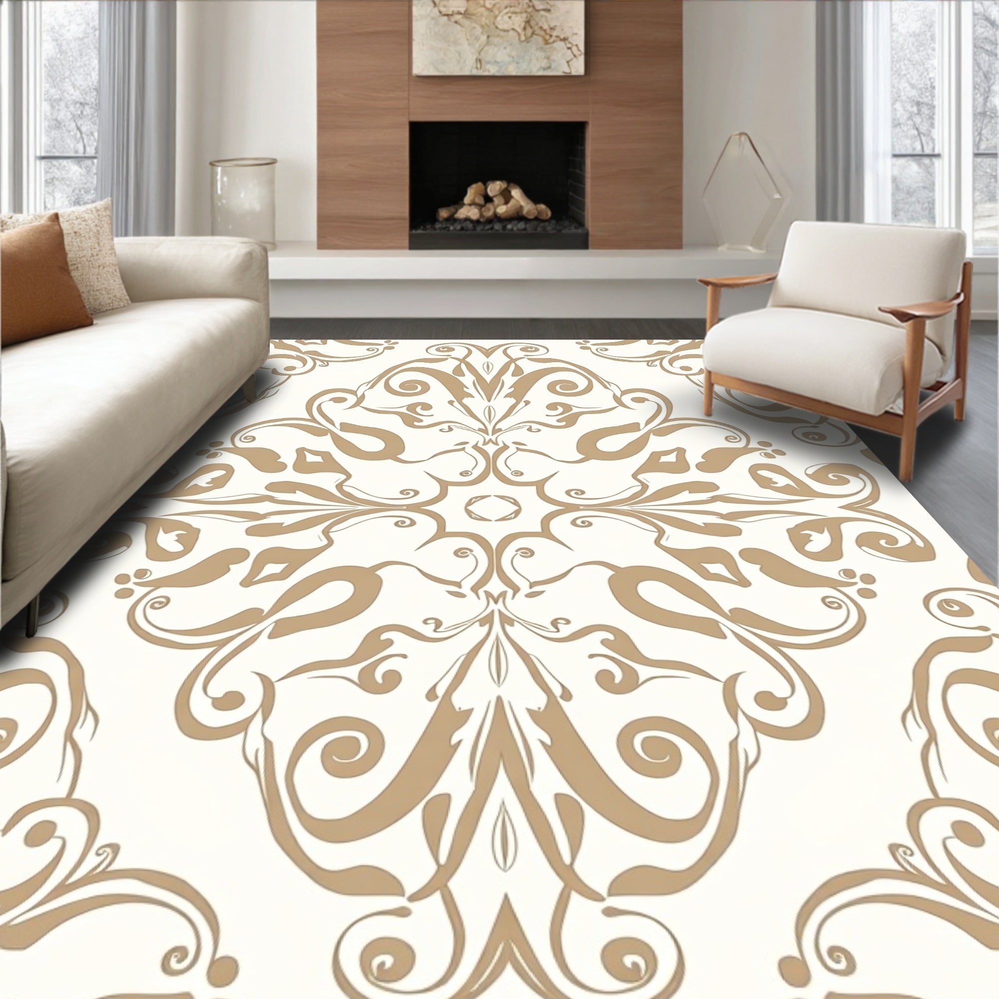 Ecru Tan Scrollwork Damask Rug
