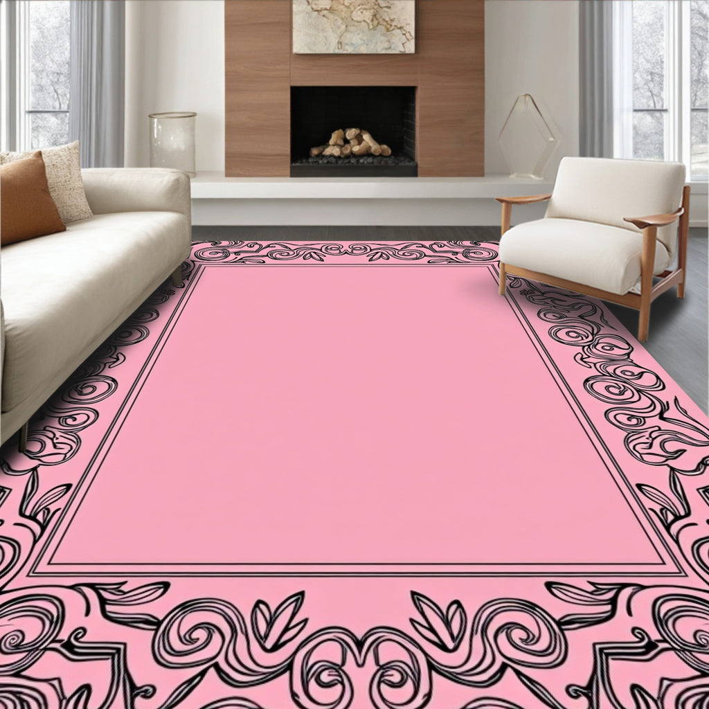 Ornate Pink Whirling Vine Border Rug