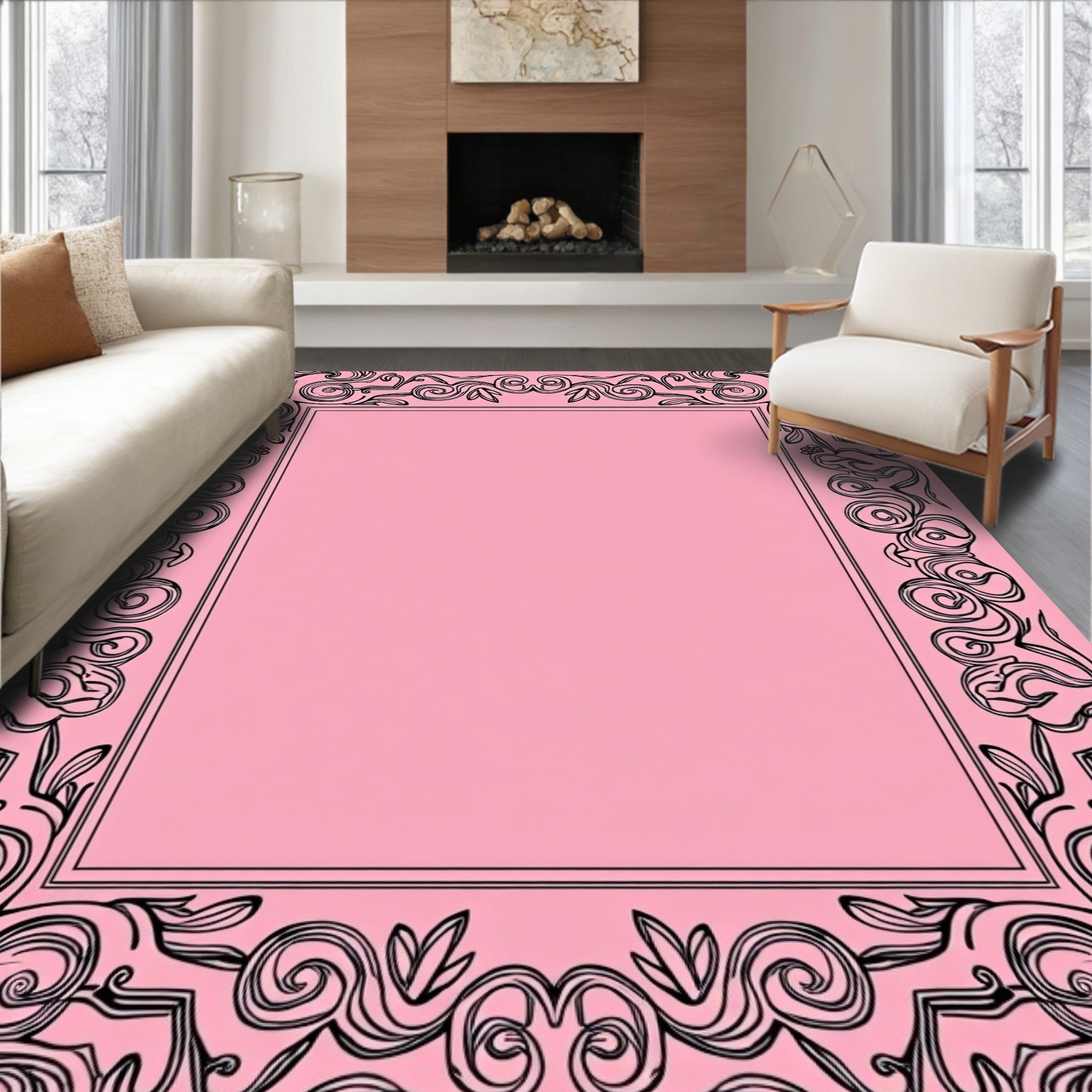Ornate Pink Whirling Vine Border Rug