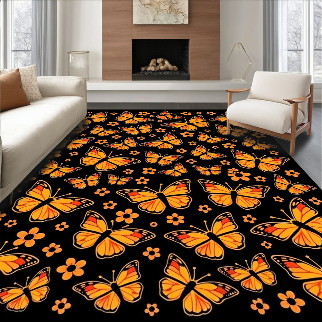 Orange Butterfly Patterned Black Rug