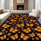 Orange Butterfly Patterned Black Rug