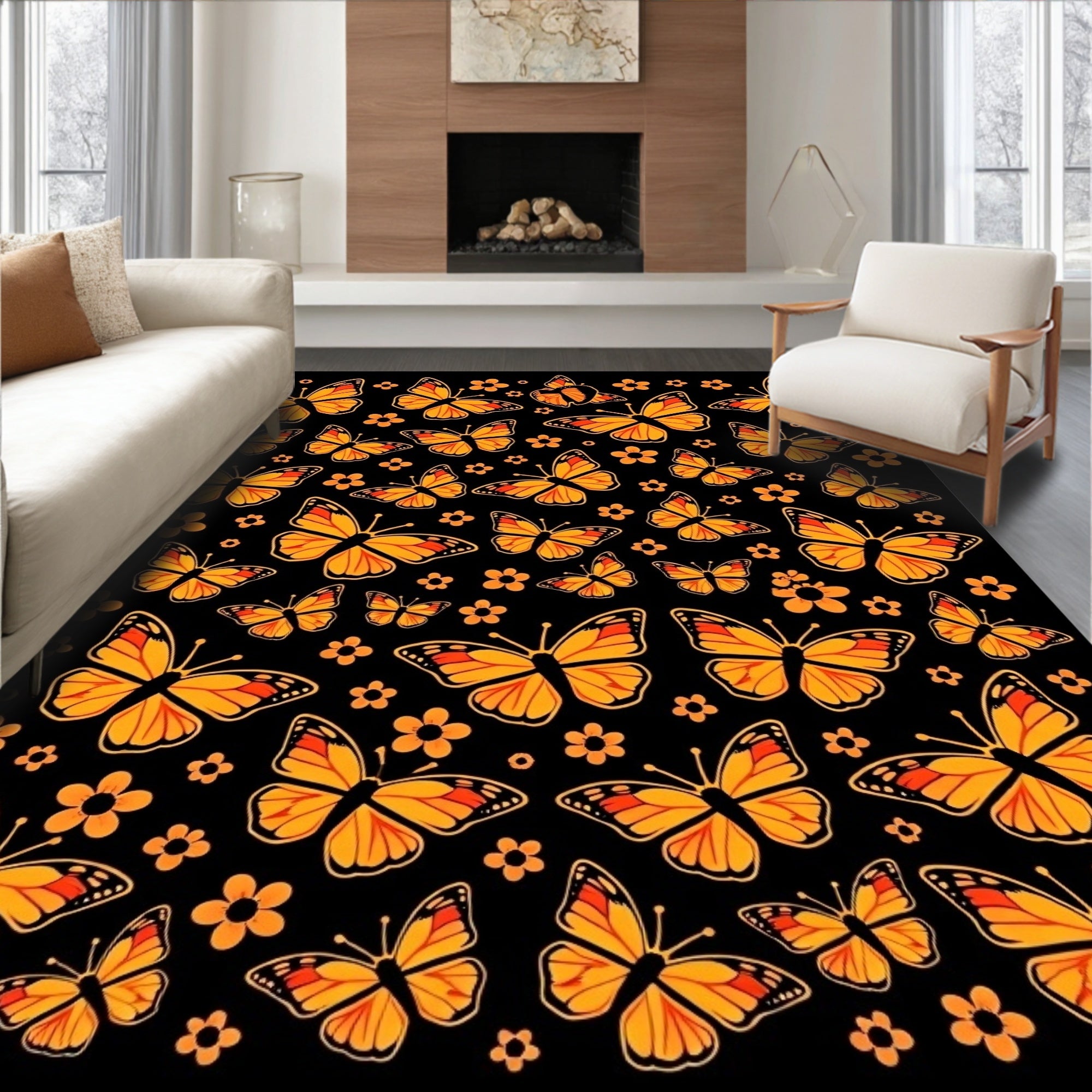 Orange Butterfly Patterned Black Rug