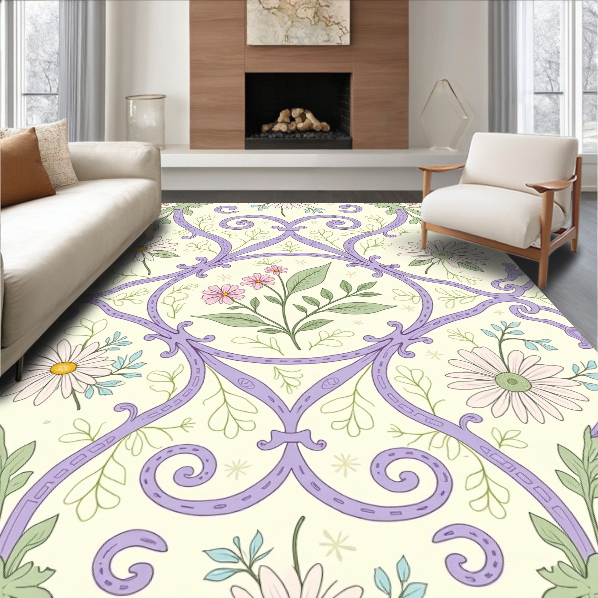 Lilac Floral Scrollwork Pattern Rug