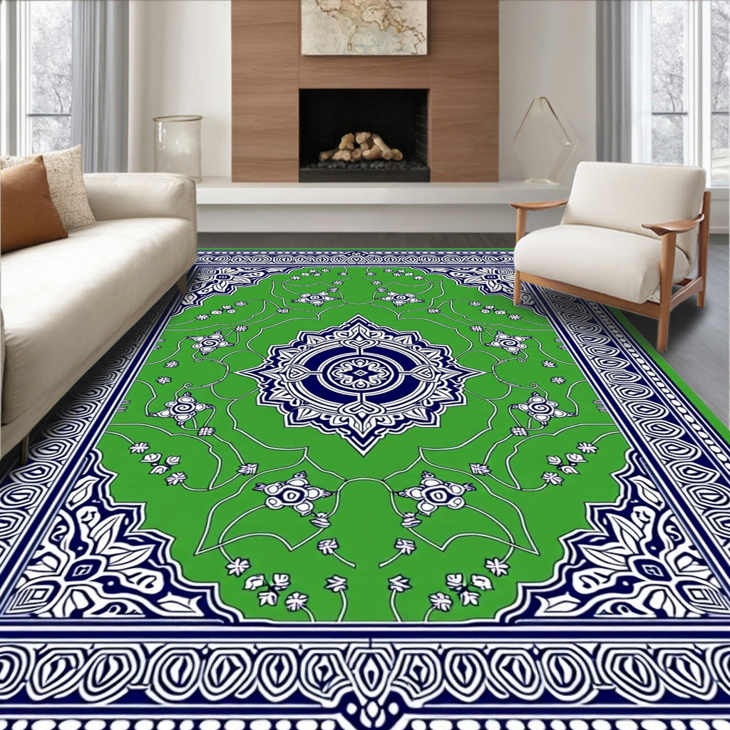 Vibrant Green Blue Floral Medallion Rug