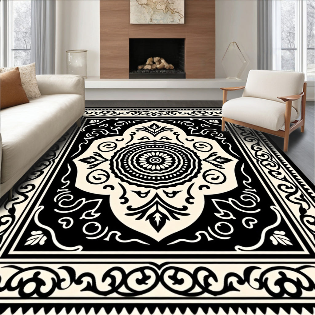 Intricate Floral Mandala Black Cream Rug