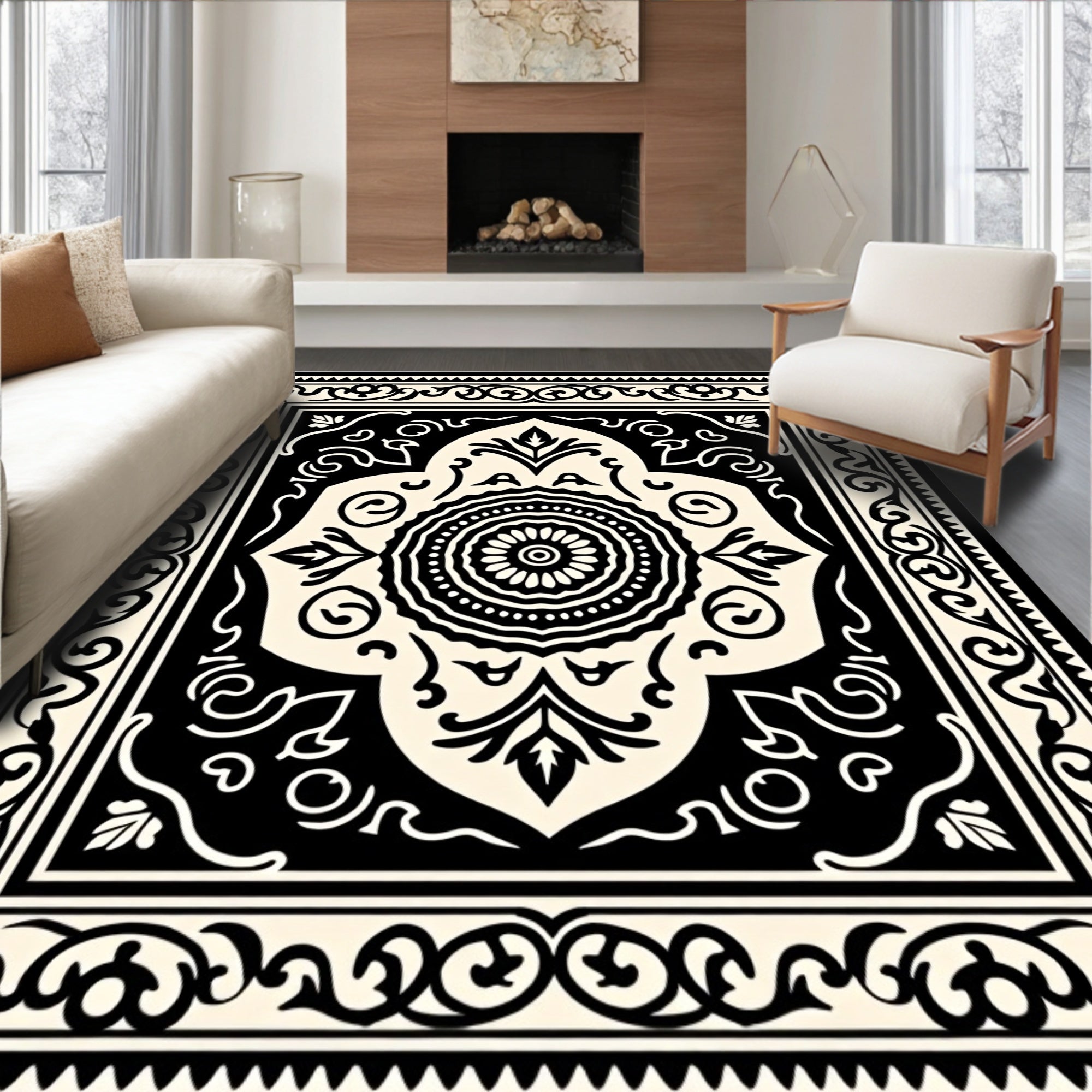 Intricate Floral Mandala Black Cream Rug
