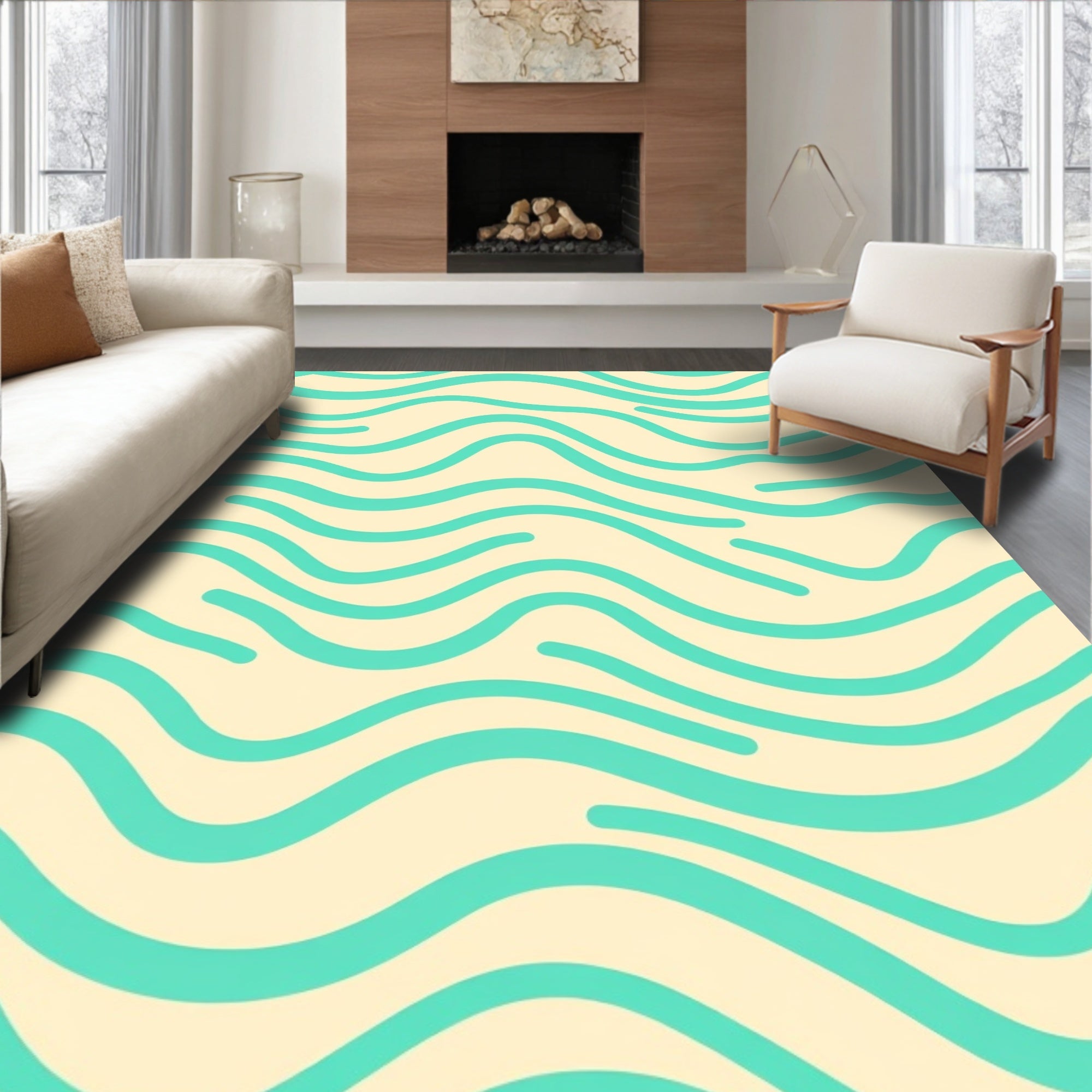 Aqua Wave Cream Pattern Rug