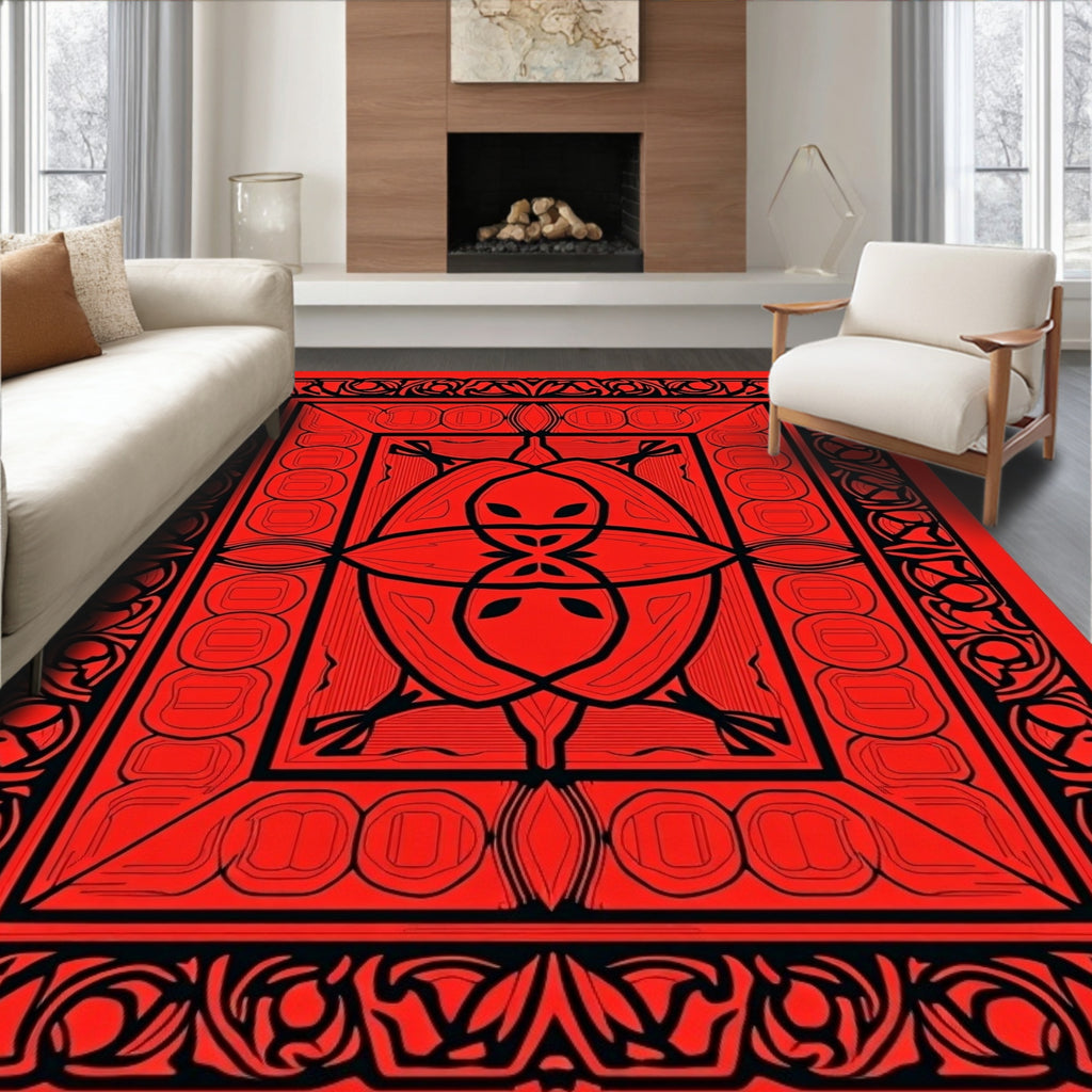 Red Black Abstract Floral Intertwined Design Rug