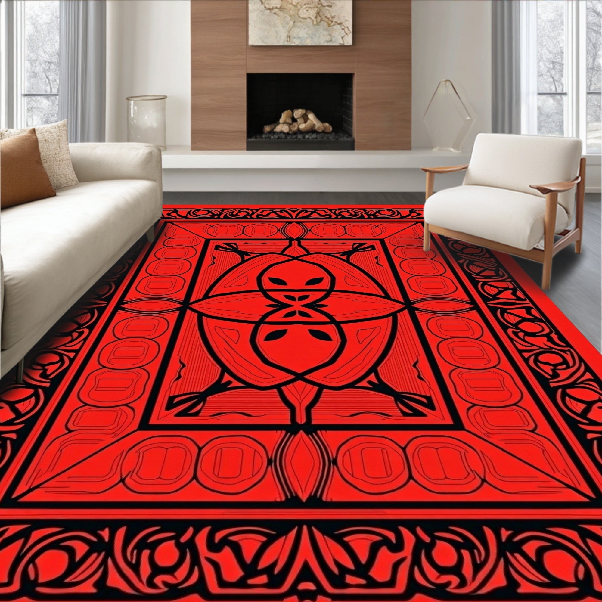 Red Black Abstract Floral Intertwined Design Rug