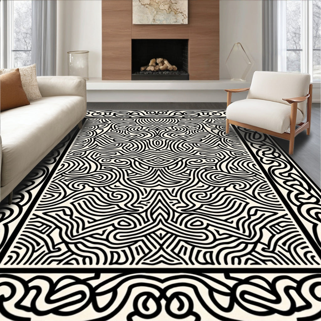 Intricate Black And White Linear Rug