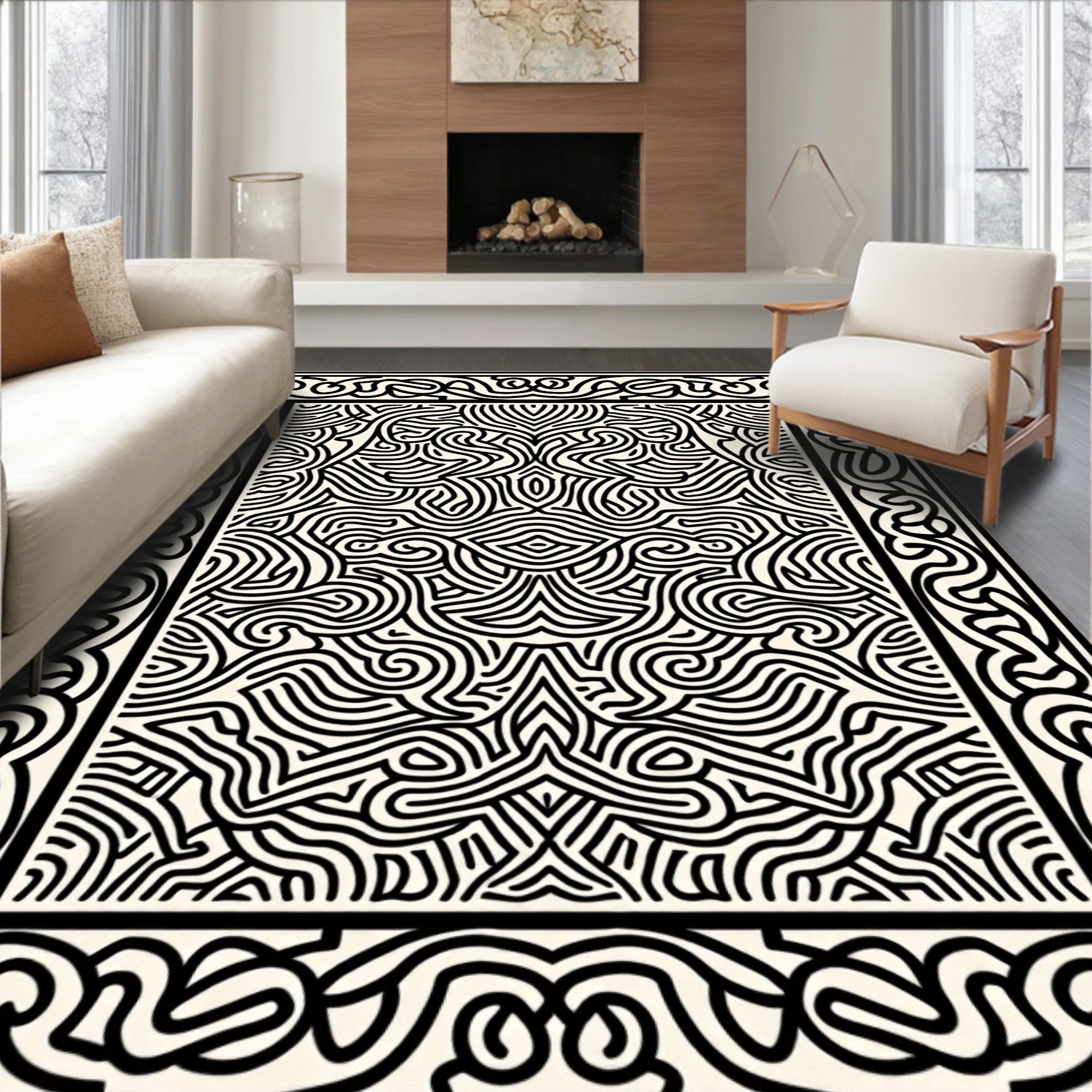 Intricate Black And White Linear Rug