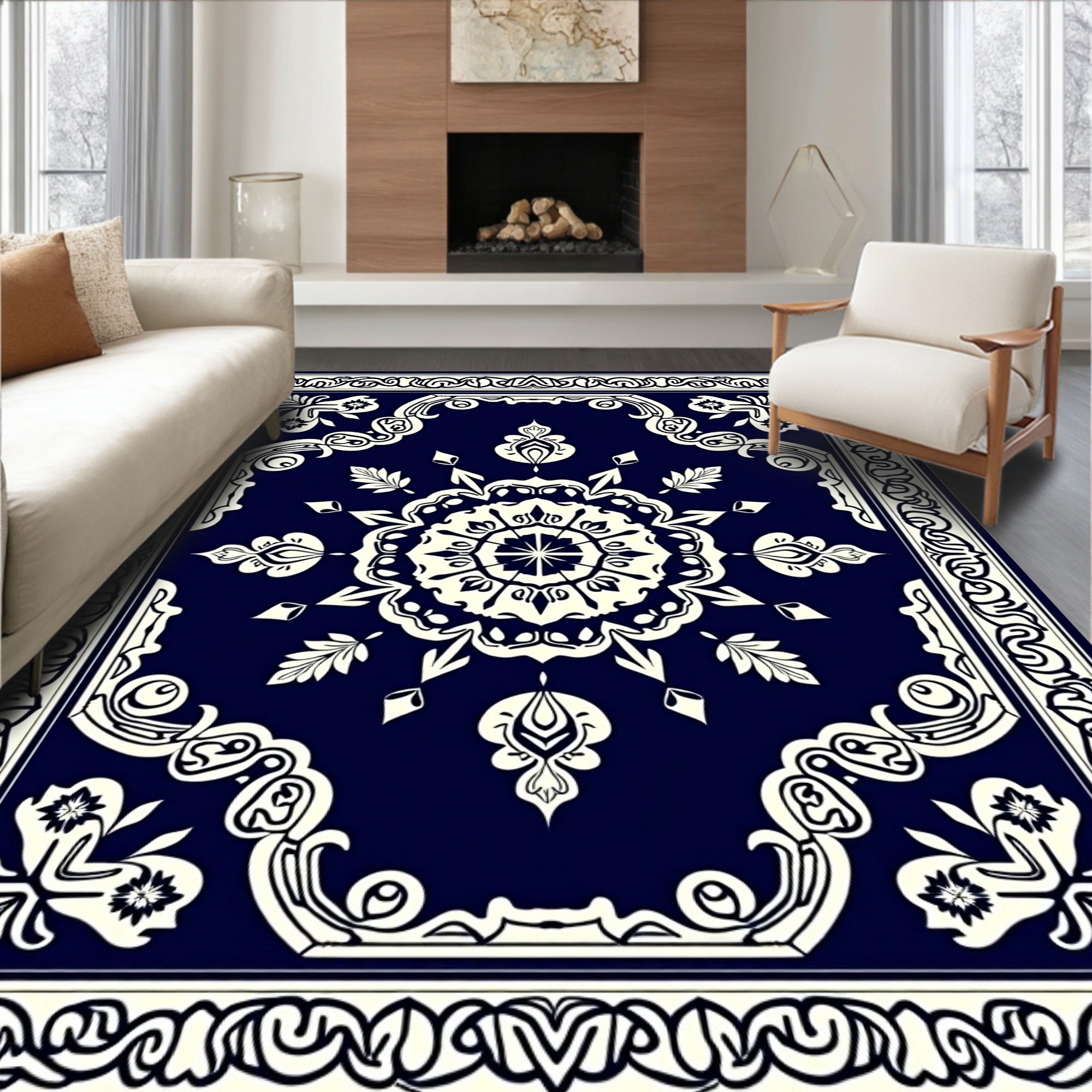 Dark Blue Floral Mandala Design Rug