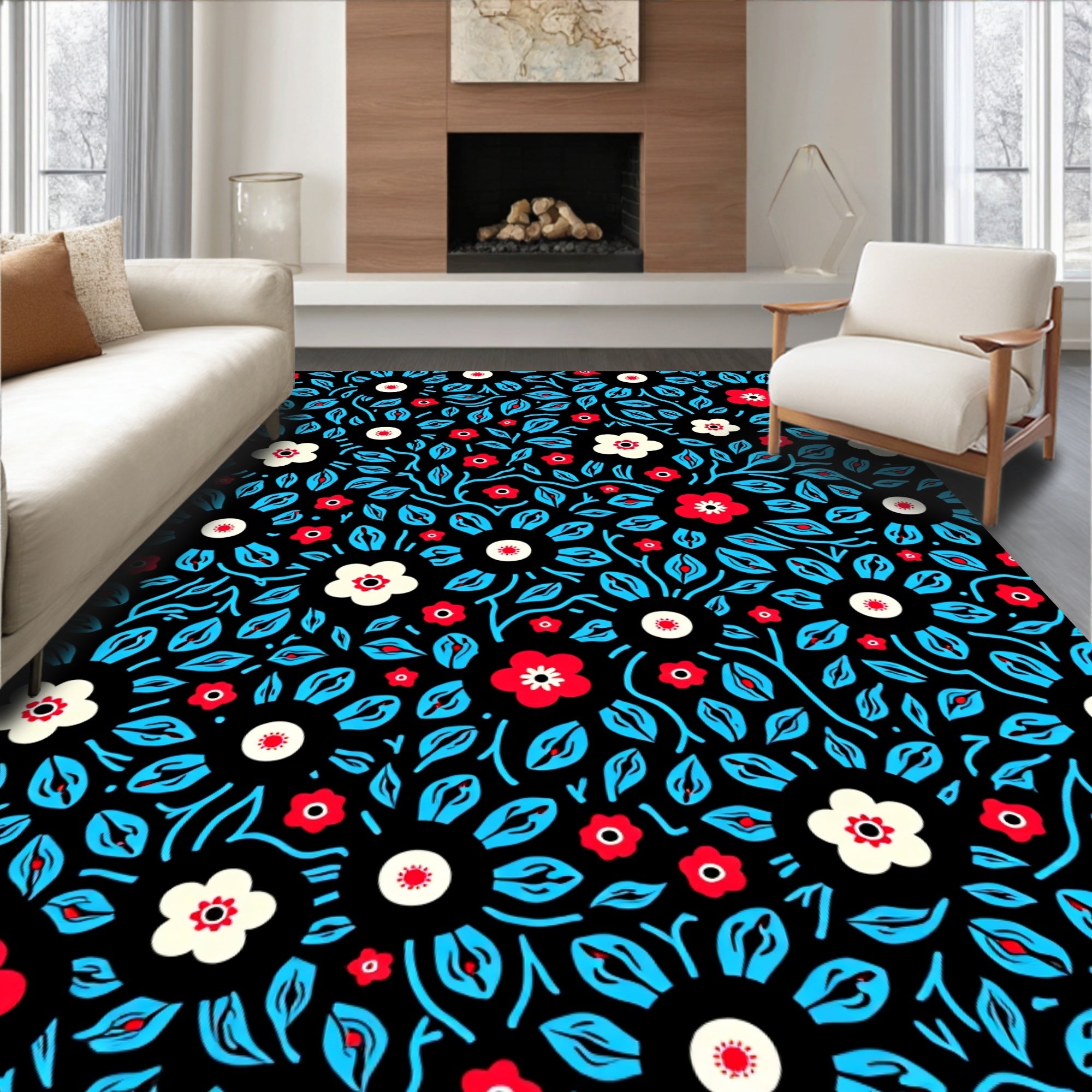 Bold Red White Flowers Aqua Leaves Rug