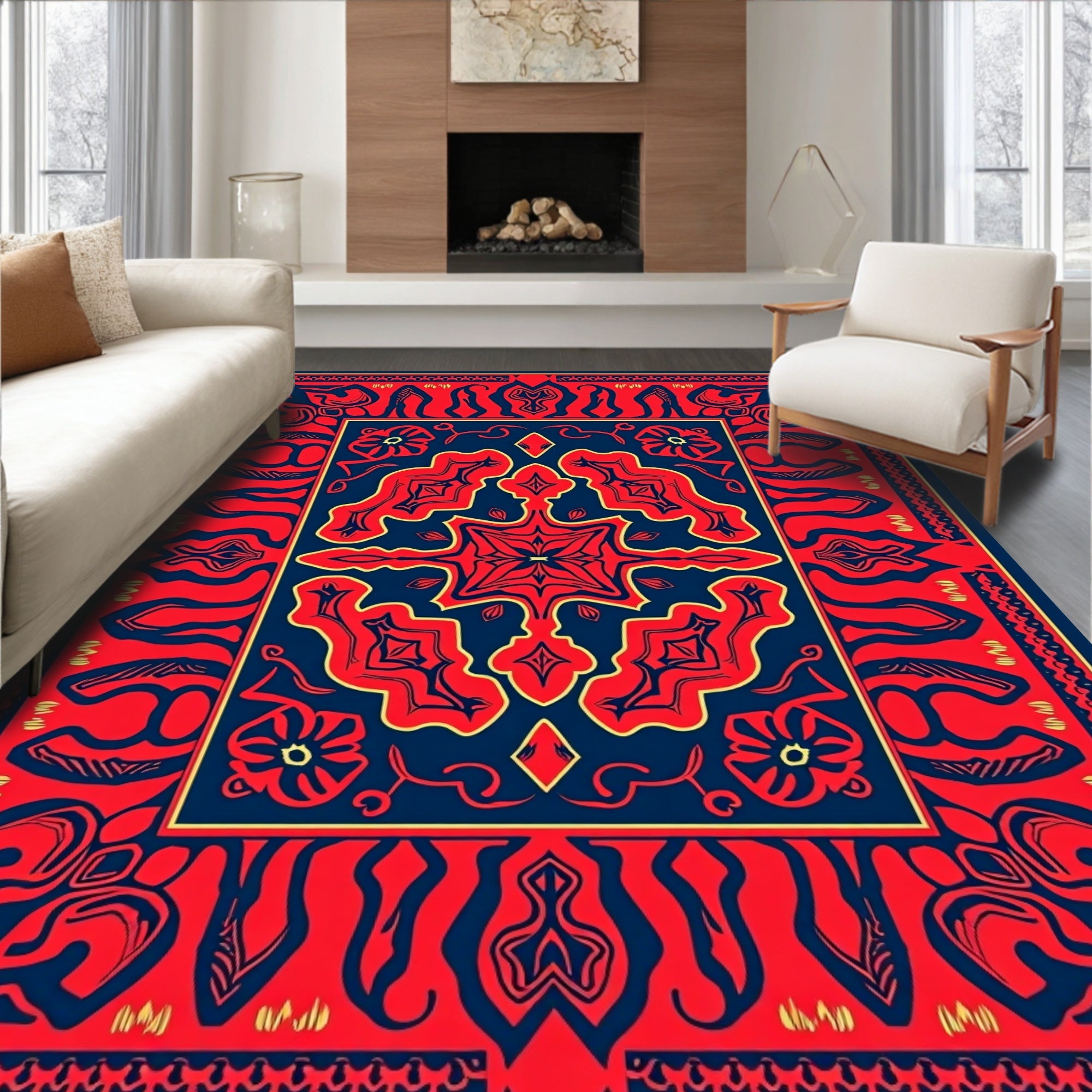 Bold Red Blue Exotic Pattern Rug