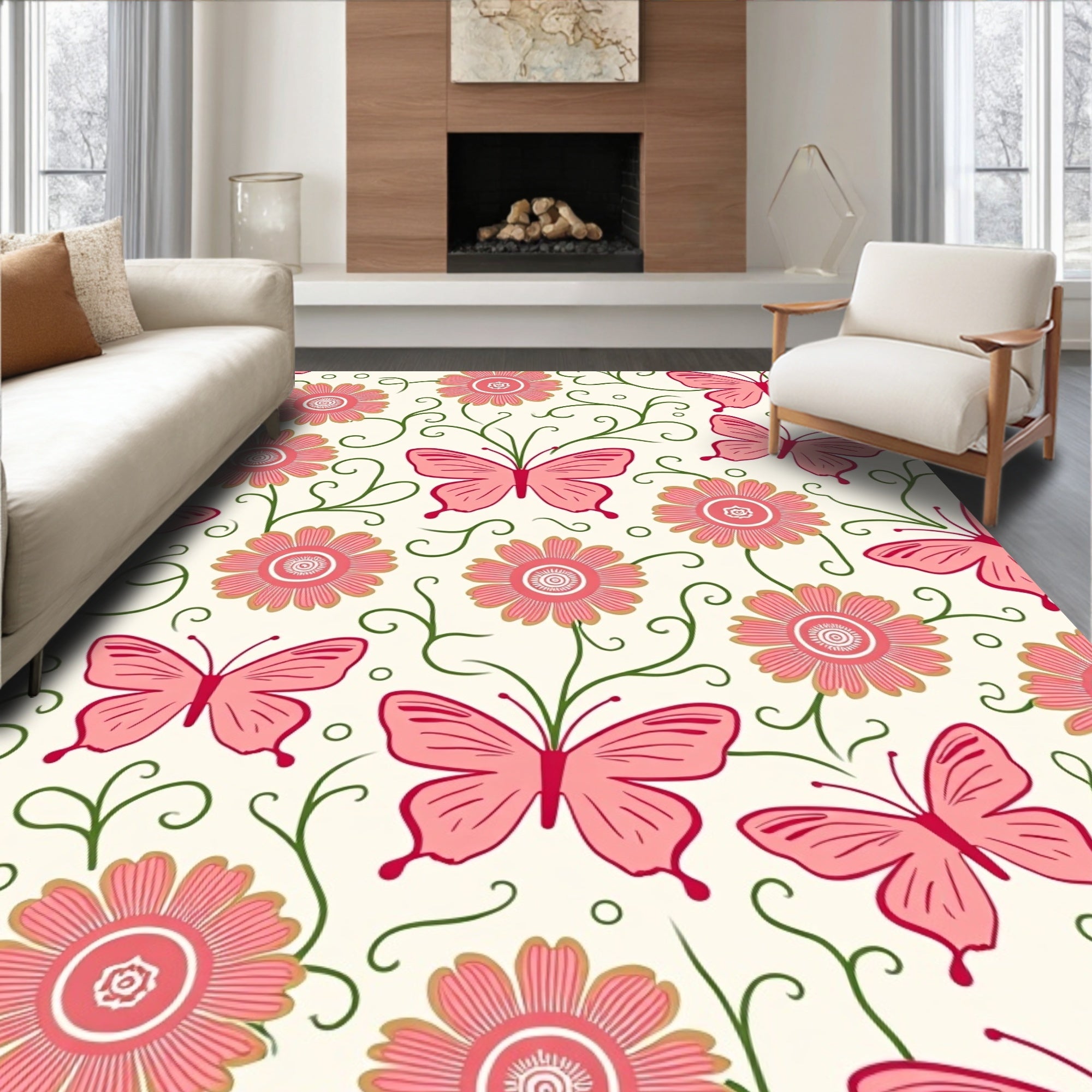 Pink Butterflies and Floral Vines Rug