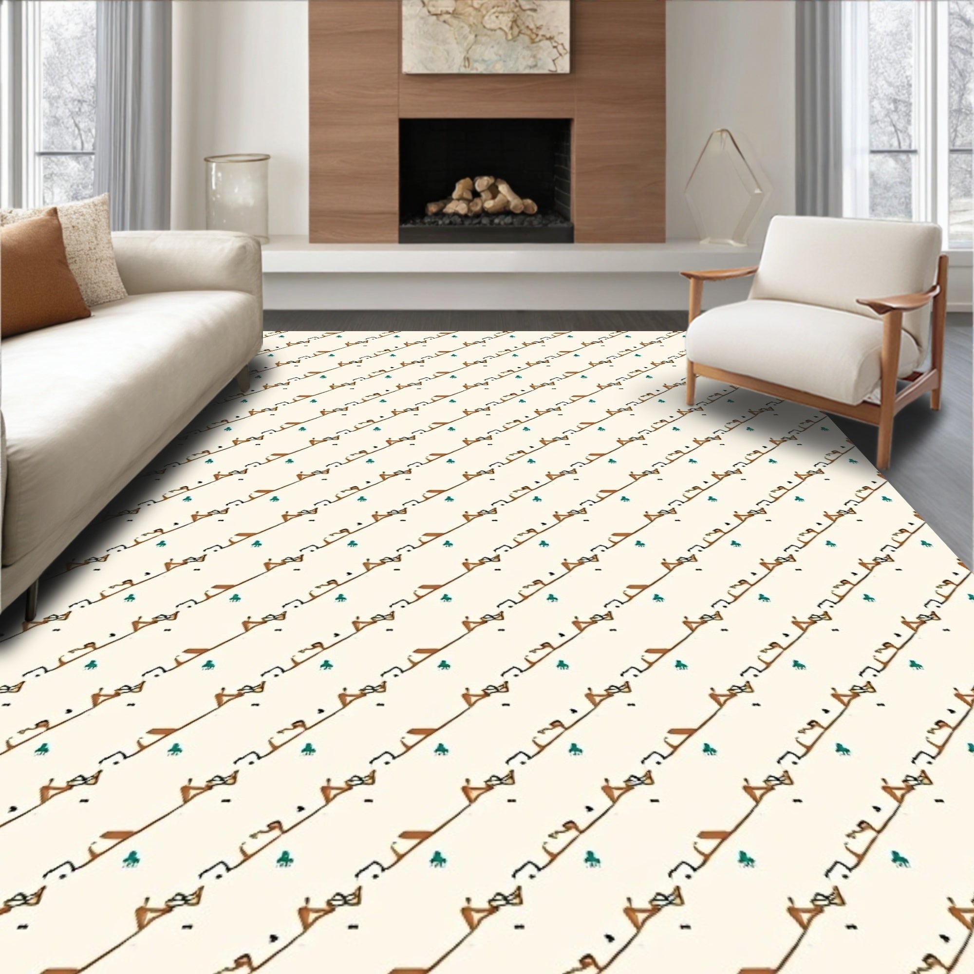 Diagonal Line People Tree Pattern Rug