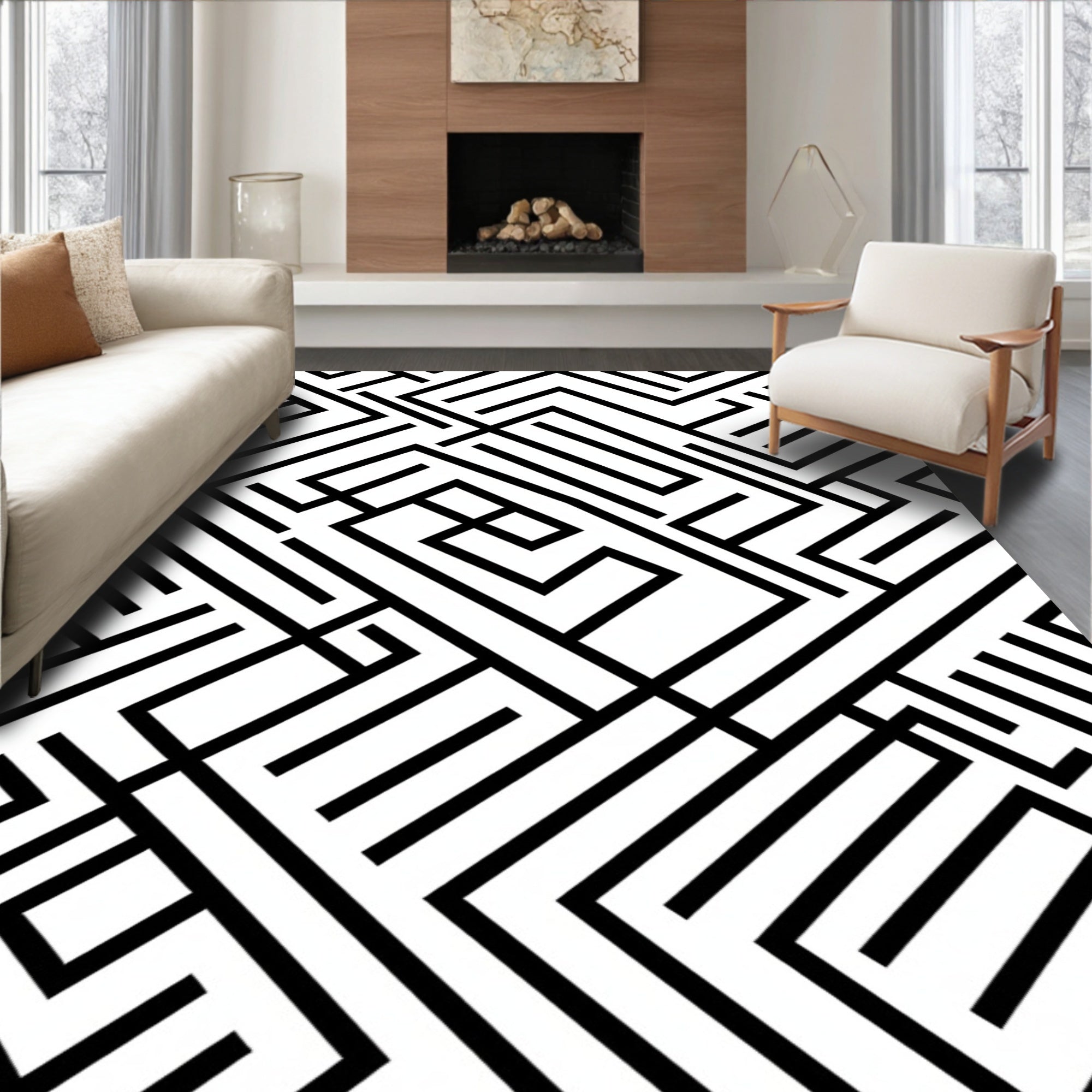 Abstract Black White Geometric Maze Rug