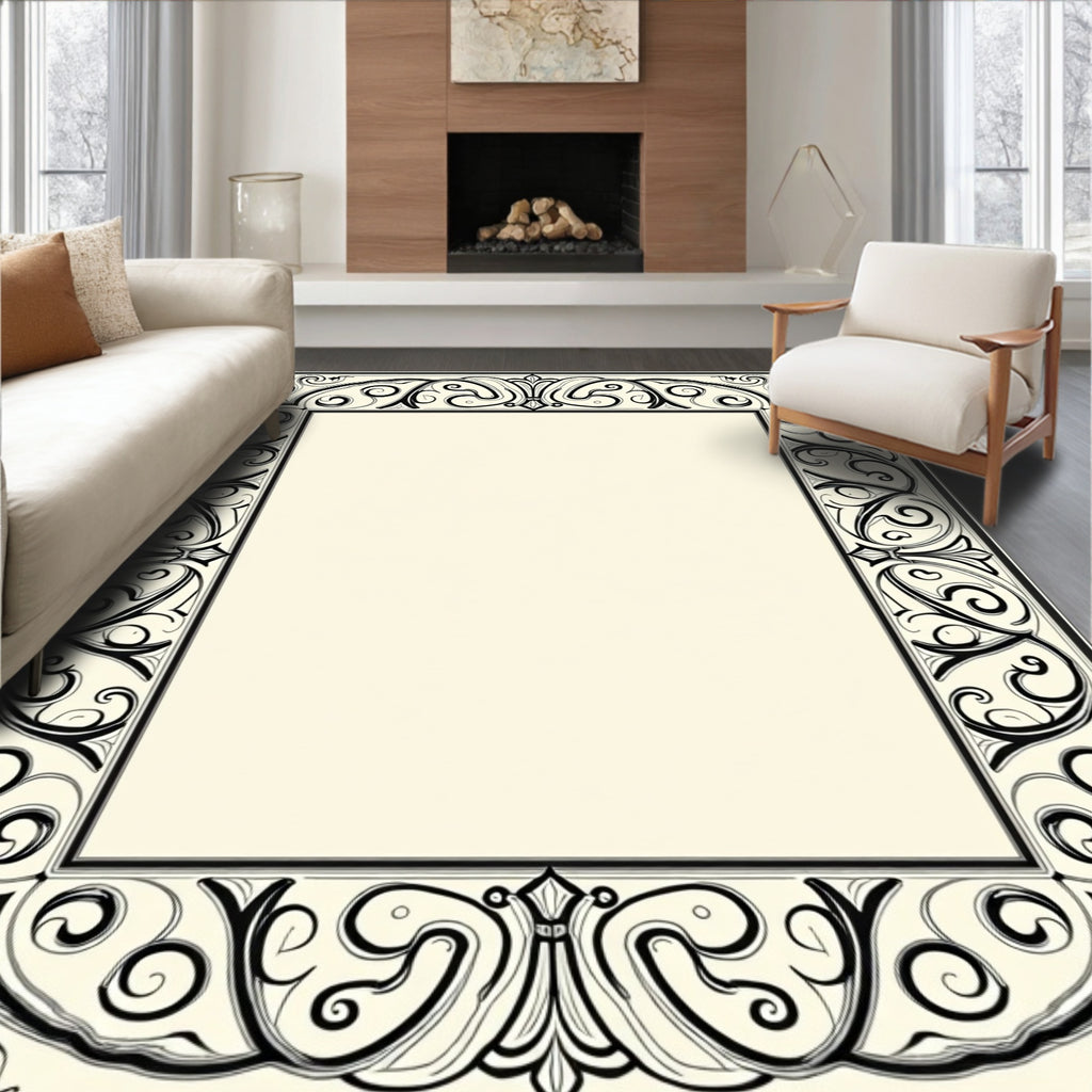 Ornate Black White Swirl Floral Frame Design Rug