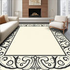 Ornate Black White Swirl Floral Frame Design Rug
