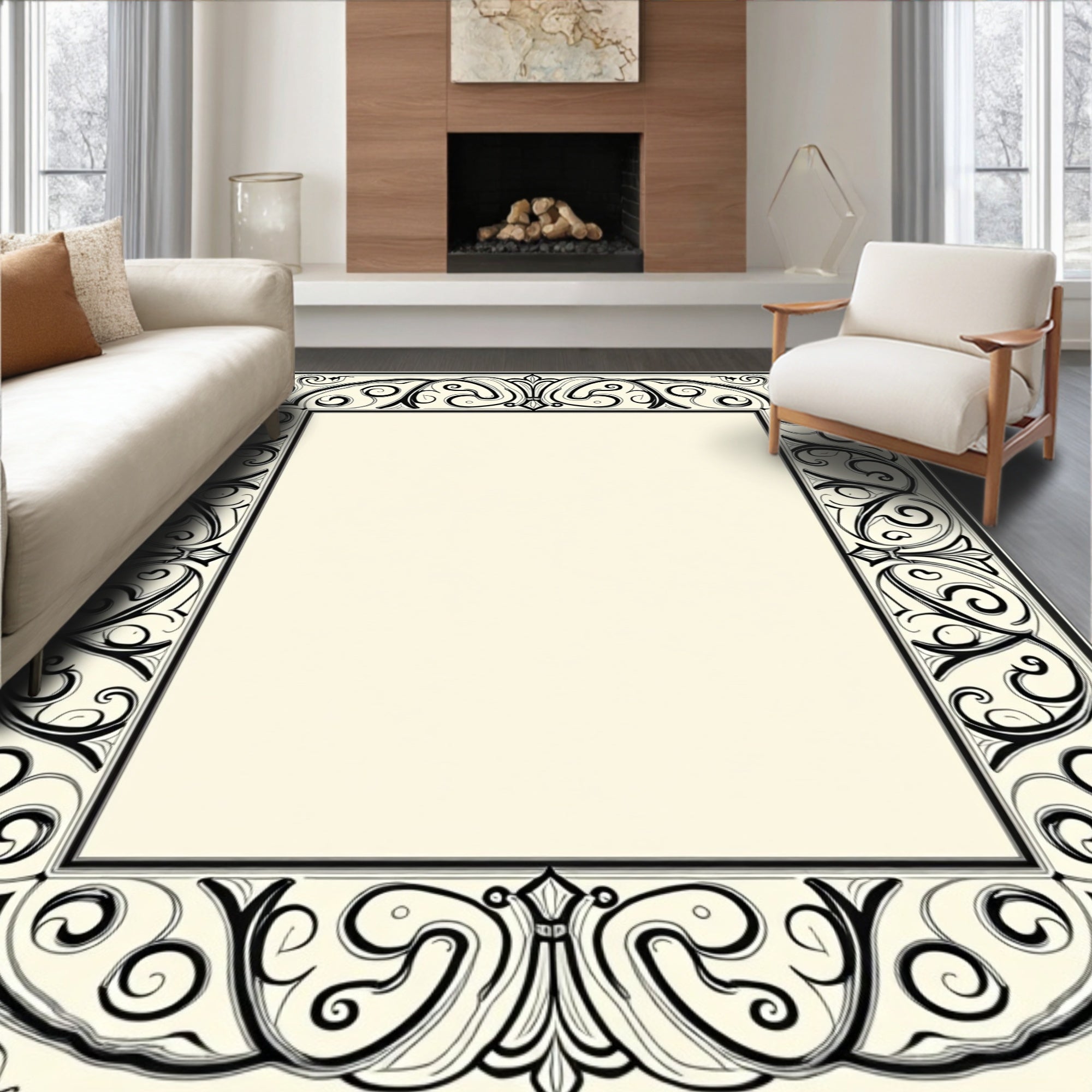Ornate Black White Swirl Floral Frame Design Rug