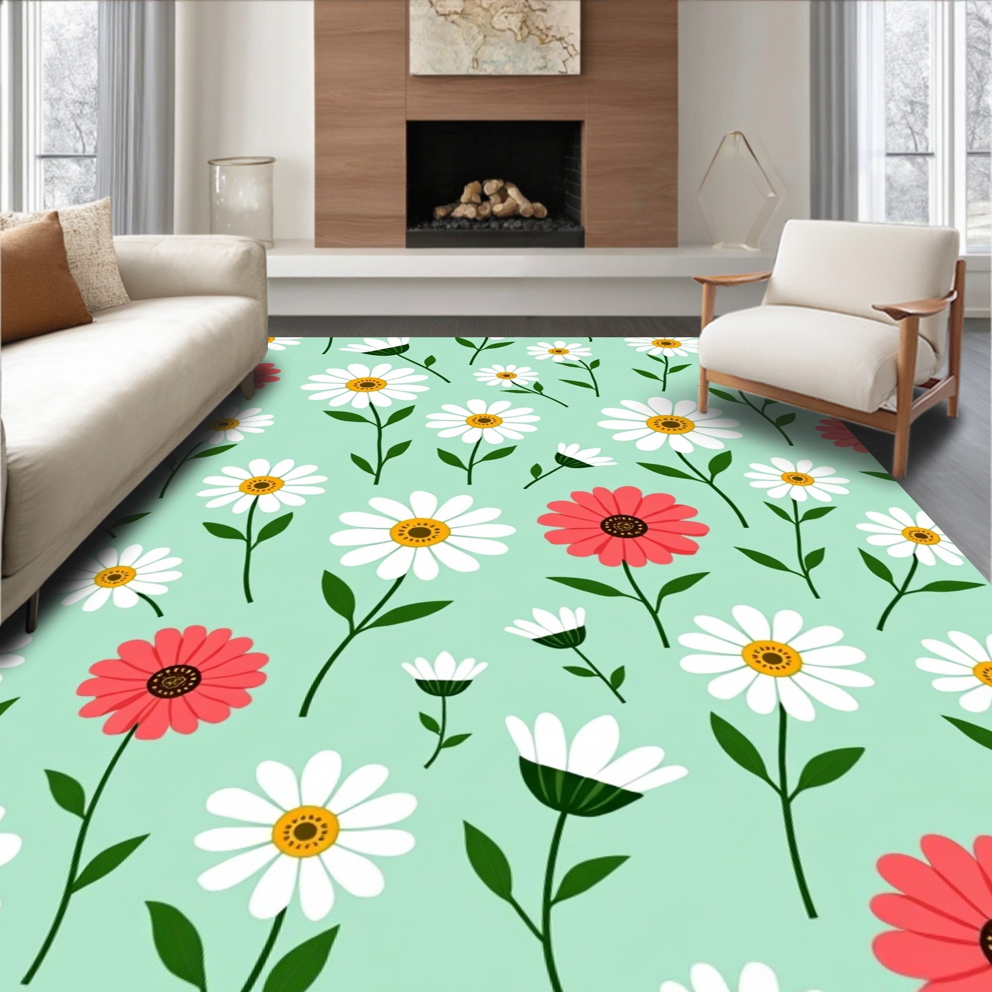 Coral And White Daisy Pattern Rug