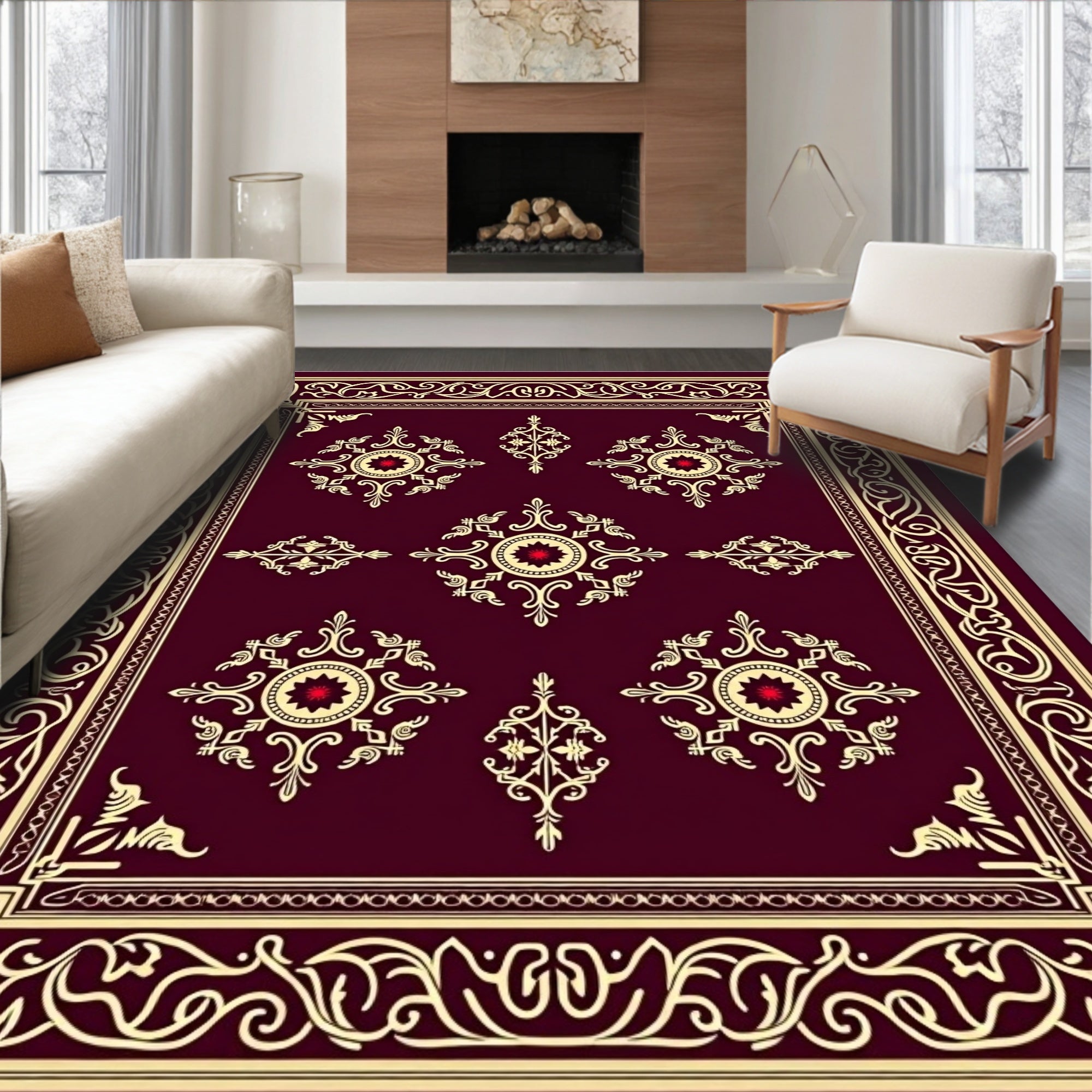 Ornate Crimson Gold Medallion Rug