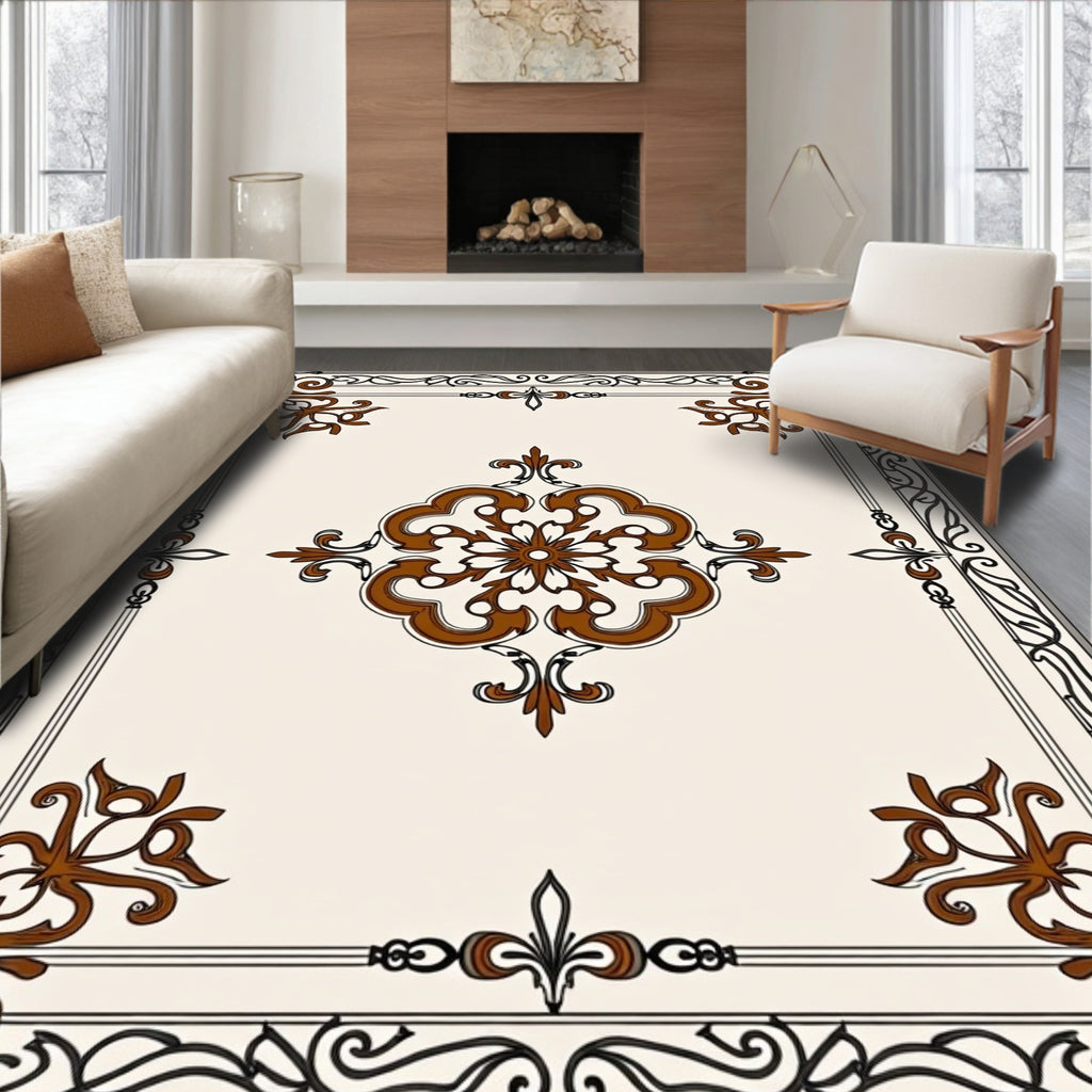 Ornate Brown Cream Scrollwork Rug