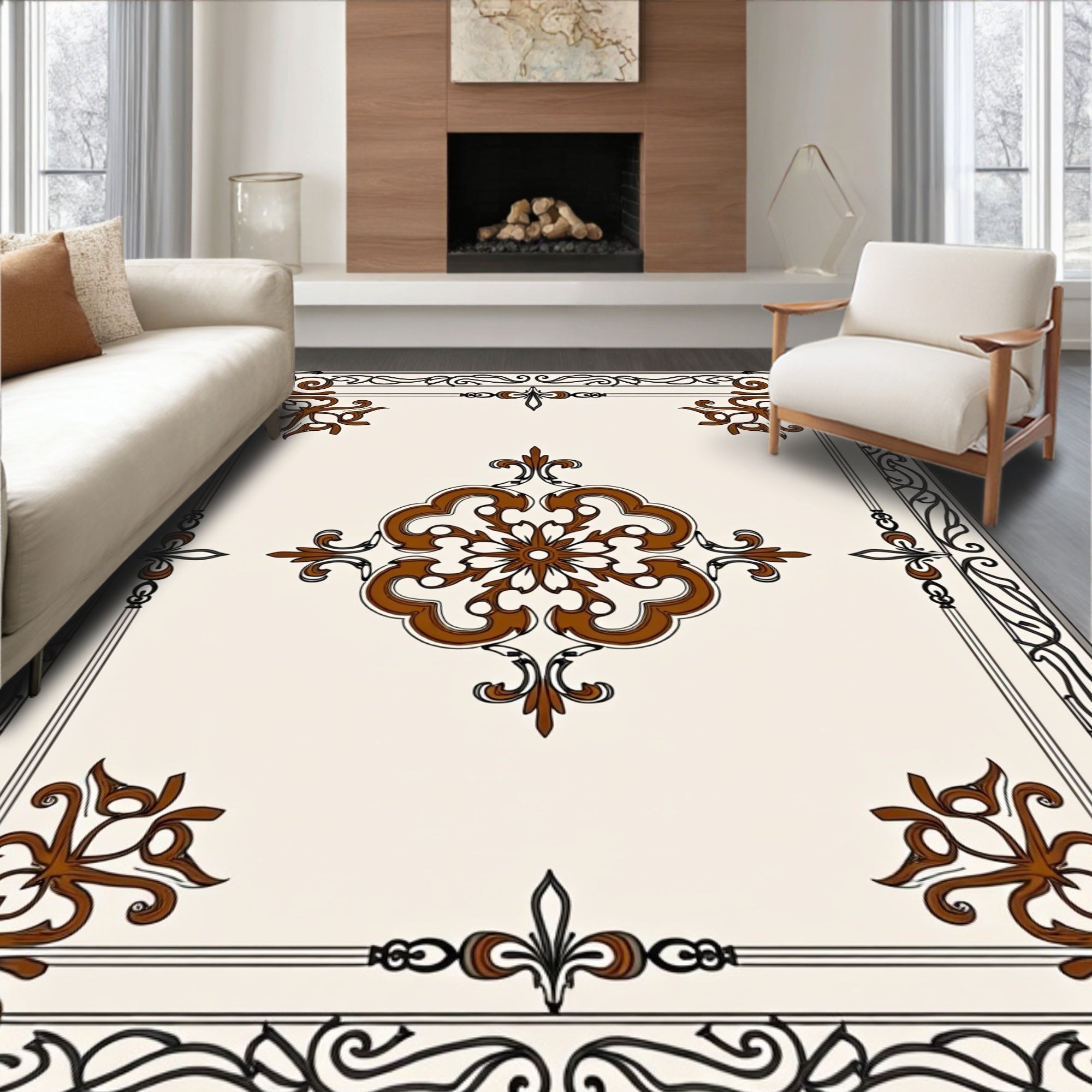 Ornate Brown Cream Scrollwork Rug