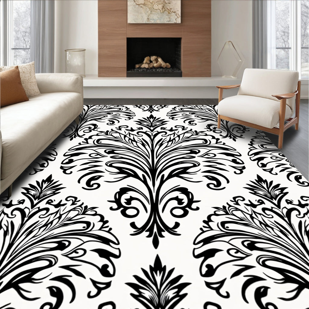 Classic Black White Damask Scroll Pattern Rug