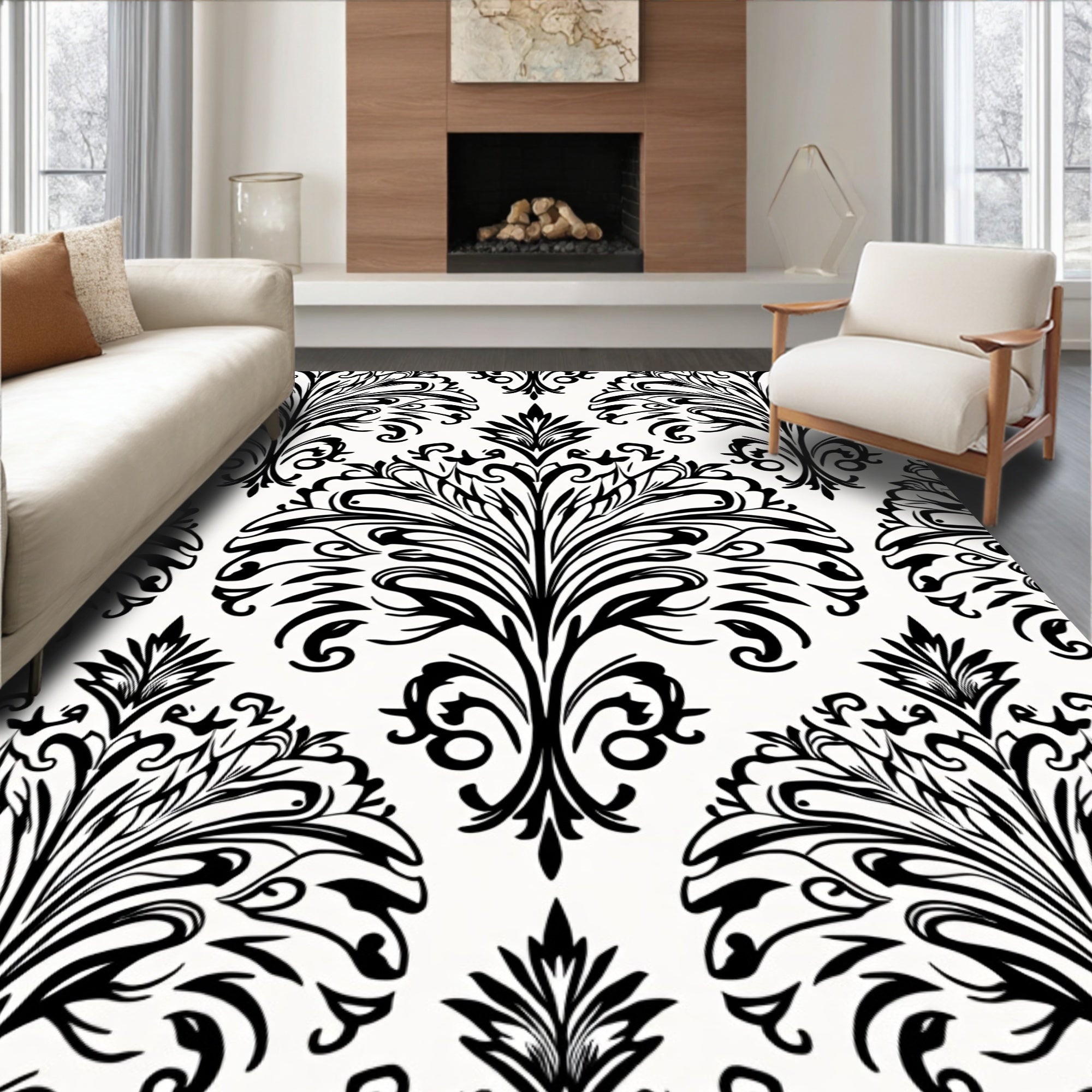 Classic Black White Damask Scroll Pattern Rug