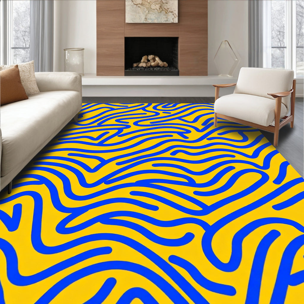 Abstract Blue Yellow Wavy Lines Rug