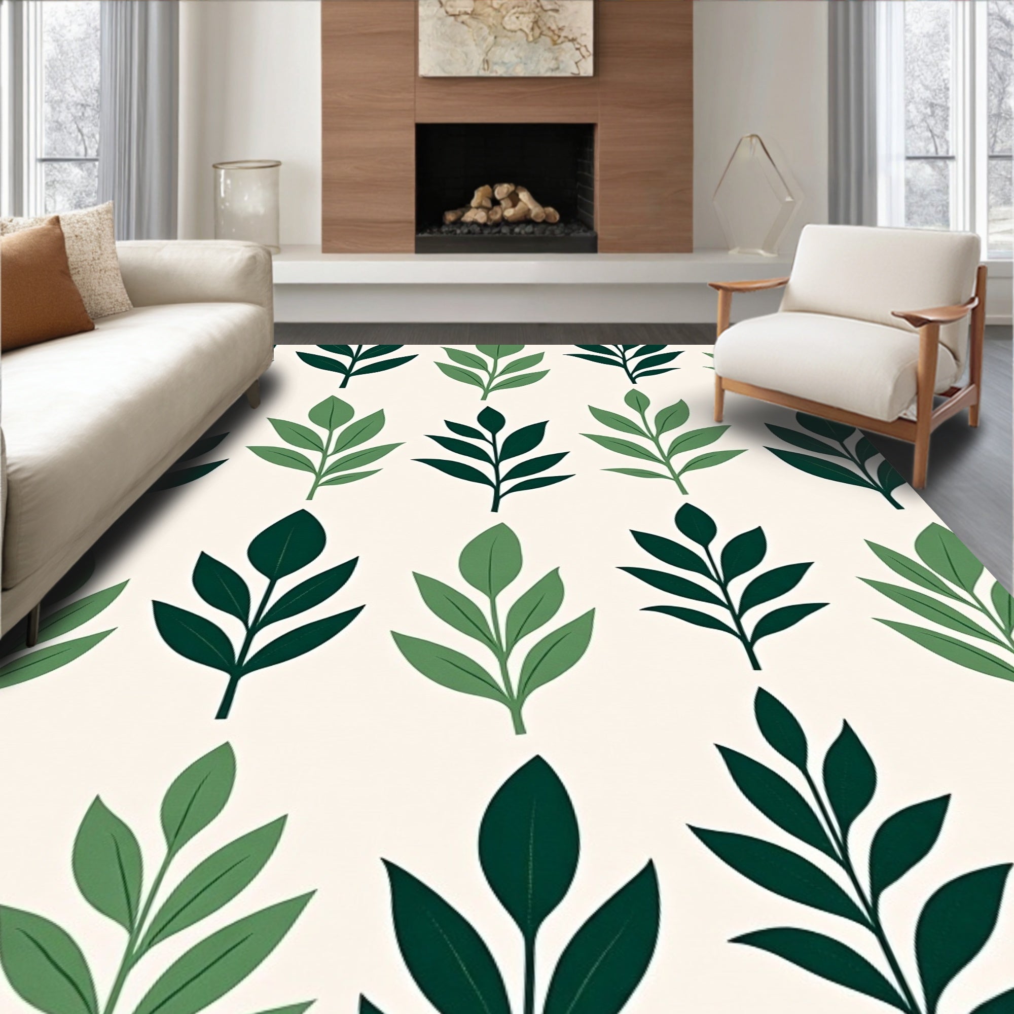 Forest Green Leaf Pattern Rug